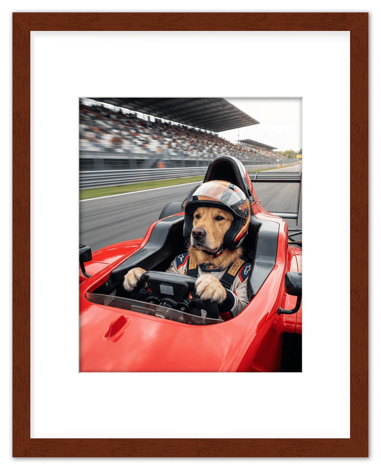 Custom Pet Race Car Driver Portrait – Personalized Racer Dog Wall Art, Unique Cat Lovers Gifts, Funny Animal Print, Racing Home Decor Poster for Living Room, Bedroom, Office, Quirky Humor Artwork - Front View