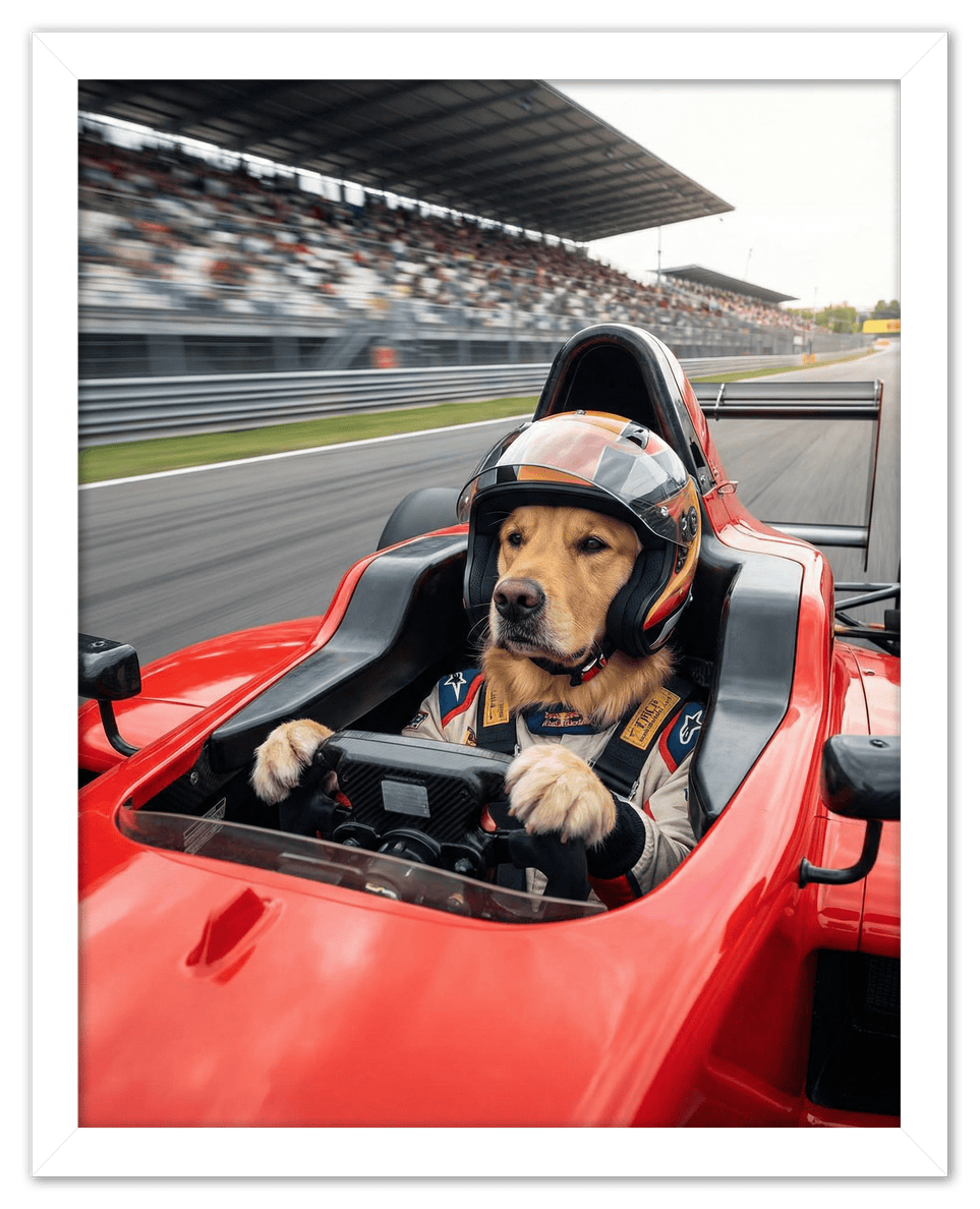 Custom Pet Race Car Driver Portrait – Personalized Racer Dog Wall Art, Unique Cat Lovers Gifts, Funny Animal Print, Racing Home Decor Poster for Living Room, Bedroom, Office, Quirky Humor Artwork - Front View