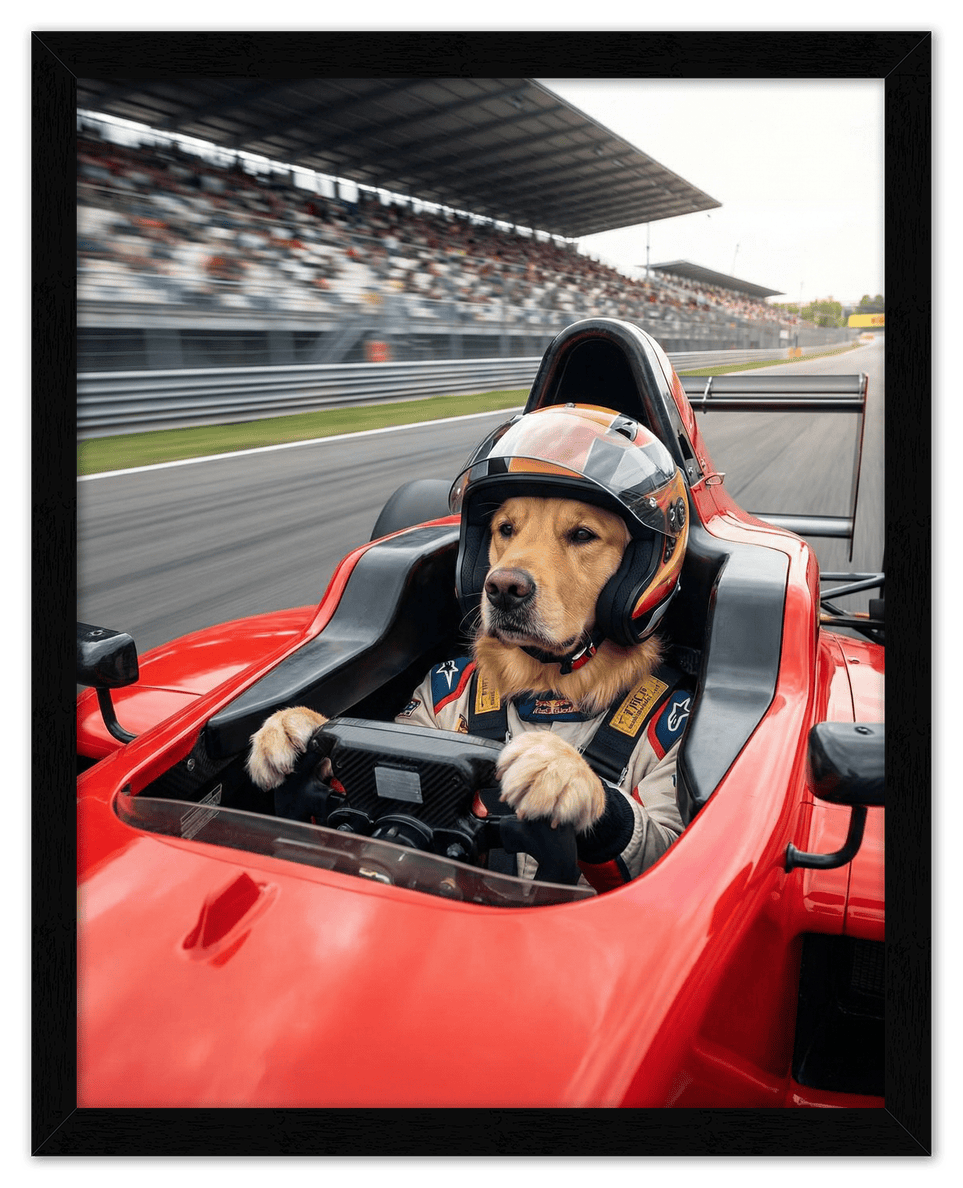 Custom Pet Race Car Driver Portrait – Personalized Racer Dog Wall Art, Unique Cat Lovers Gifts, Funny Animal Print, Racing Home Decor Poster for Living Room, Bedroom, Office, Quirky Humor Artwork - Front View