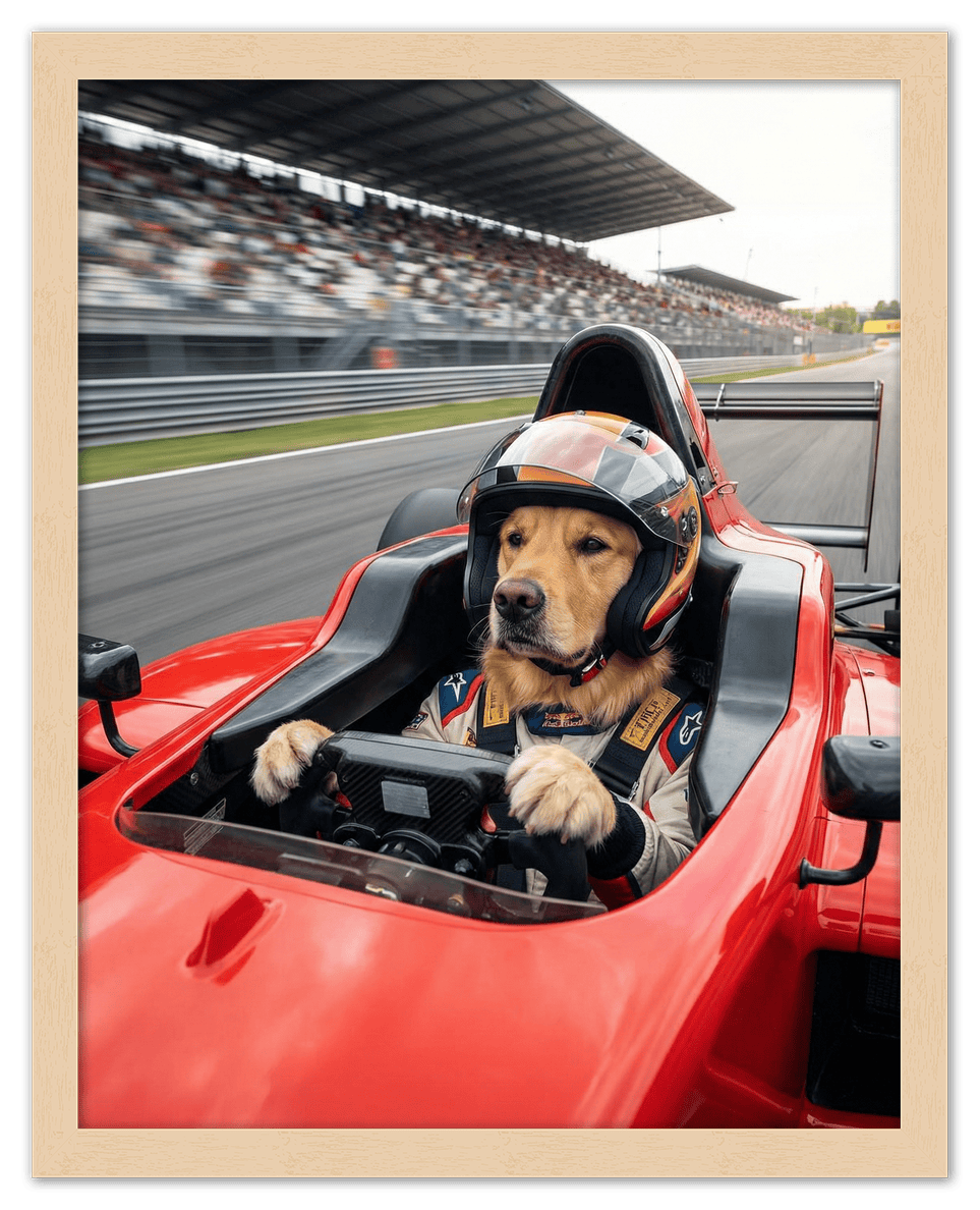 Custom Pet Race Car Driver Portrait – Personalized Racer Dog Wall Art, Unique Cat Lovers Gifts, Funny Animal Print, Racing Home Decor Poster for Living Room, Bedroom, Office, Quirky Humor Artwork - Front View