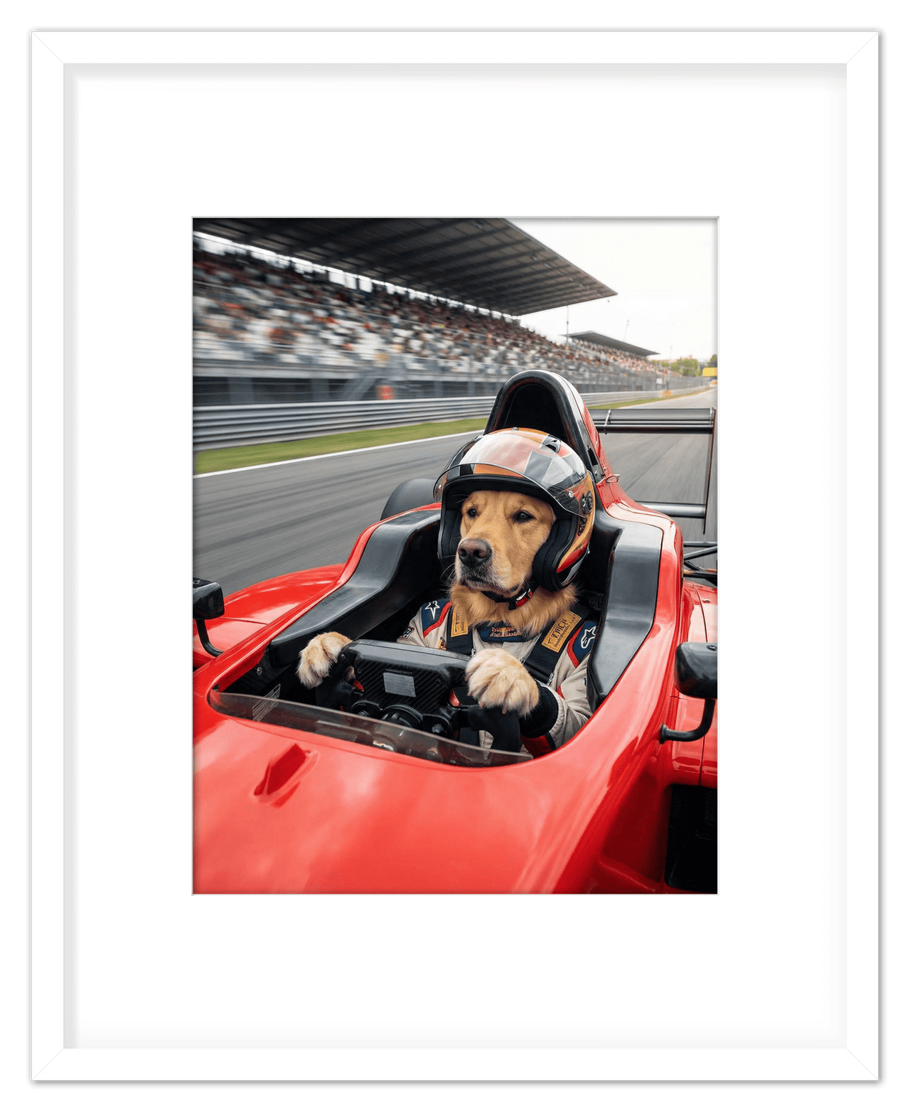 Custom Pet Race Car Driver Portrait – Personalized Racer Dog Wall Art, Unique Cat Lovers Gifts, Funny Animal Print, Racing Home Decor Poster for Living Room, Bedroom, Office, Quirky Humor Artwork - Front View