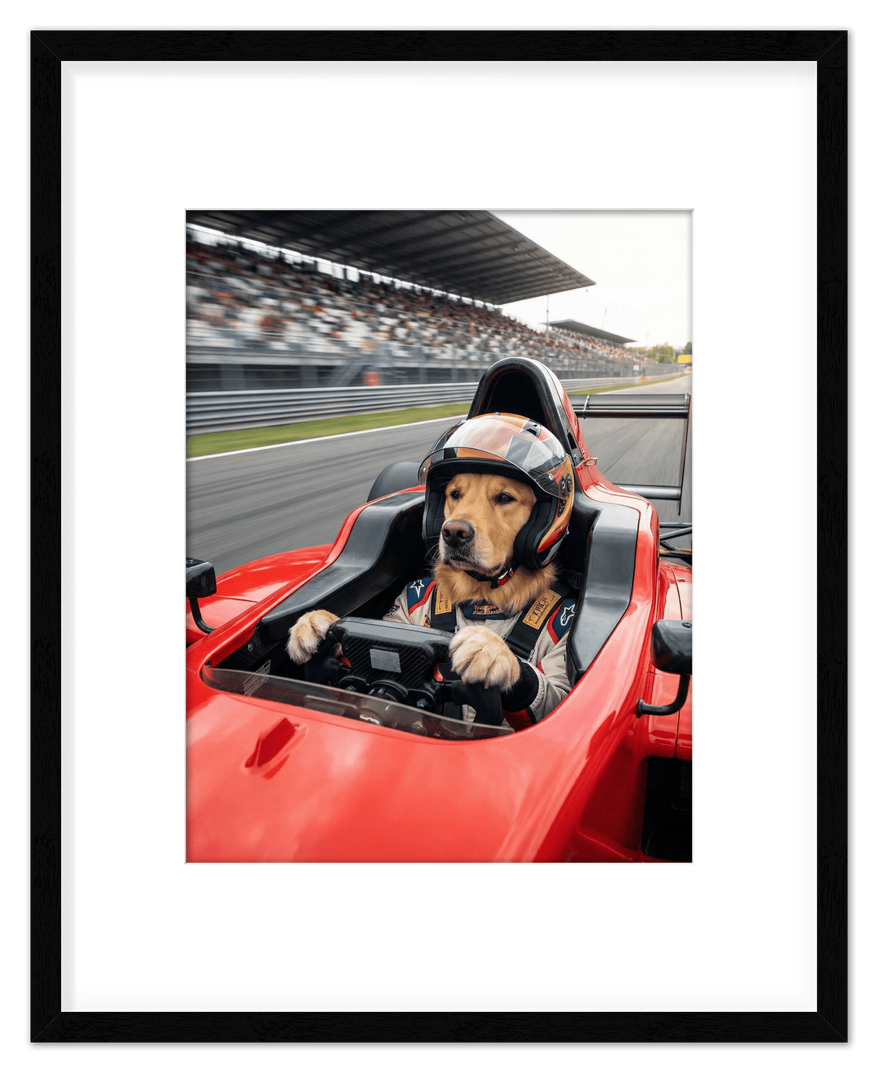 Custom Pet Race Car Driver Portrait – Personalized Racer Dog Wall Art, Unique Cat Lovers Gifts, Funny Animal Print, Racing Home Decor Poster for Living Room, Bedroom, Office, Quirky Humor Artwork - Front View