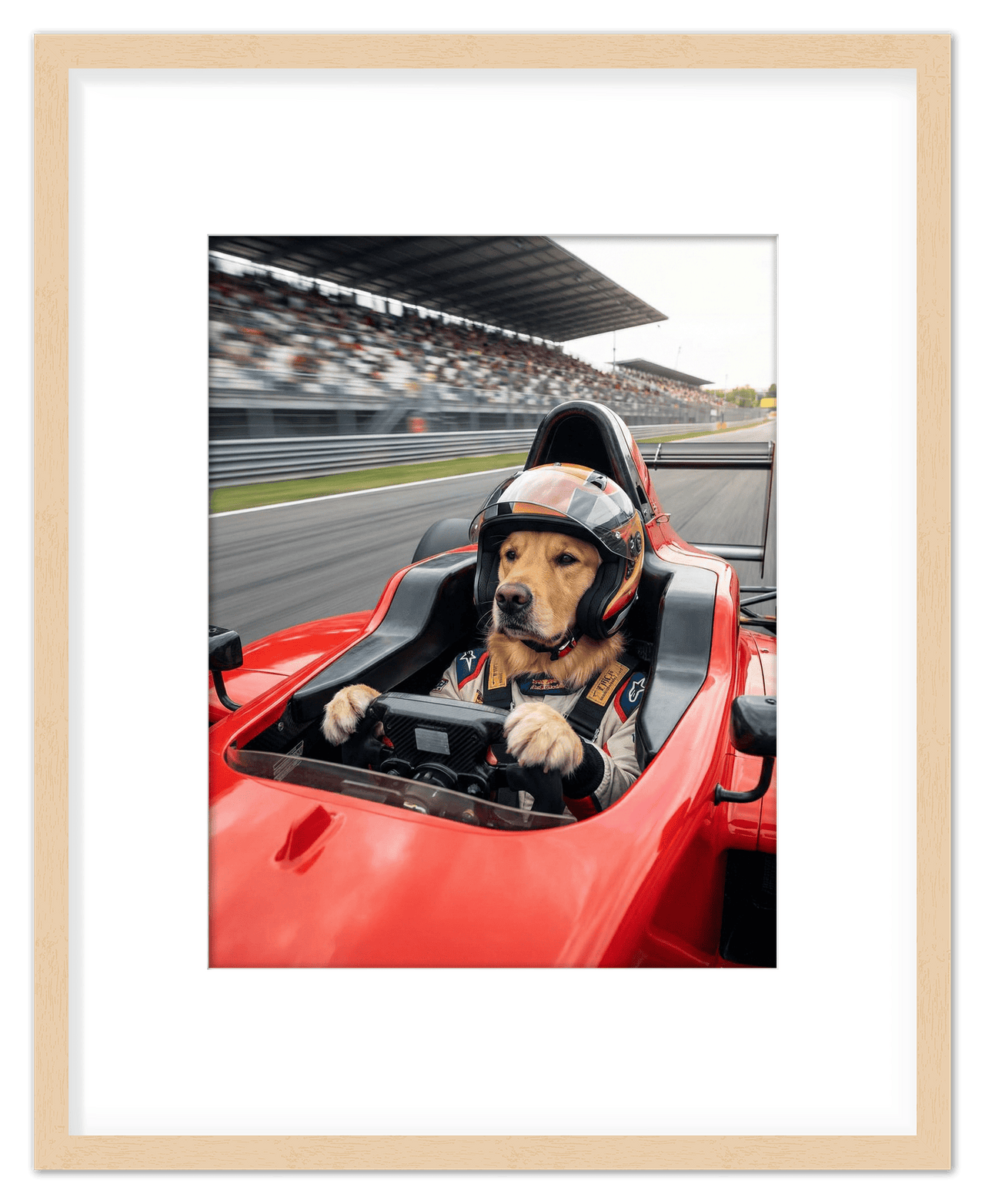 Custom Pet Race Car Driver Portrait – Personalized Racer Dog Wall Art, Unique Cat Lovers Gifts, Funny Animal Print, Racing Home Decor Poster for Living Room, Bedroom, Office, Quirky Humor Artwork - Front View