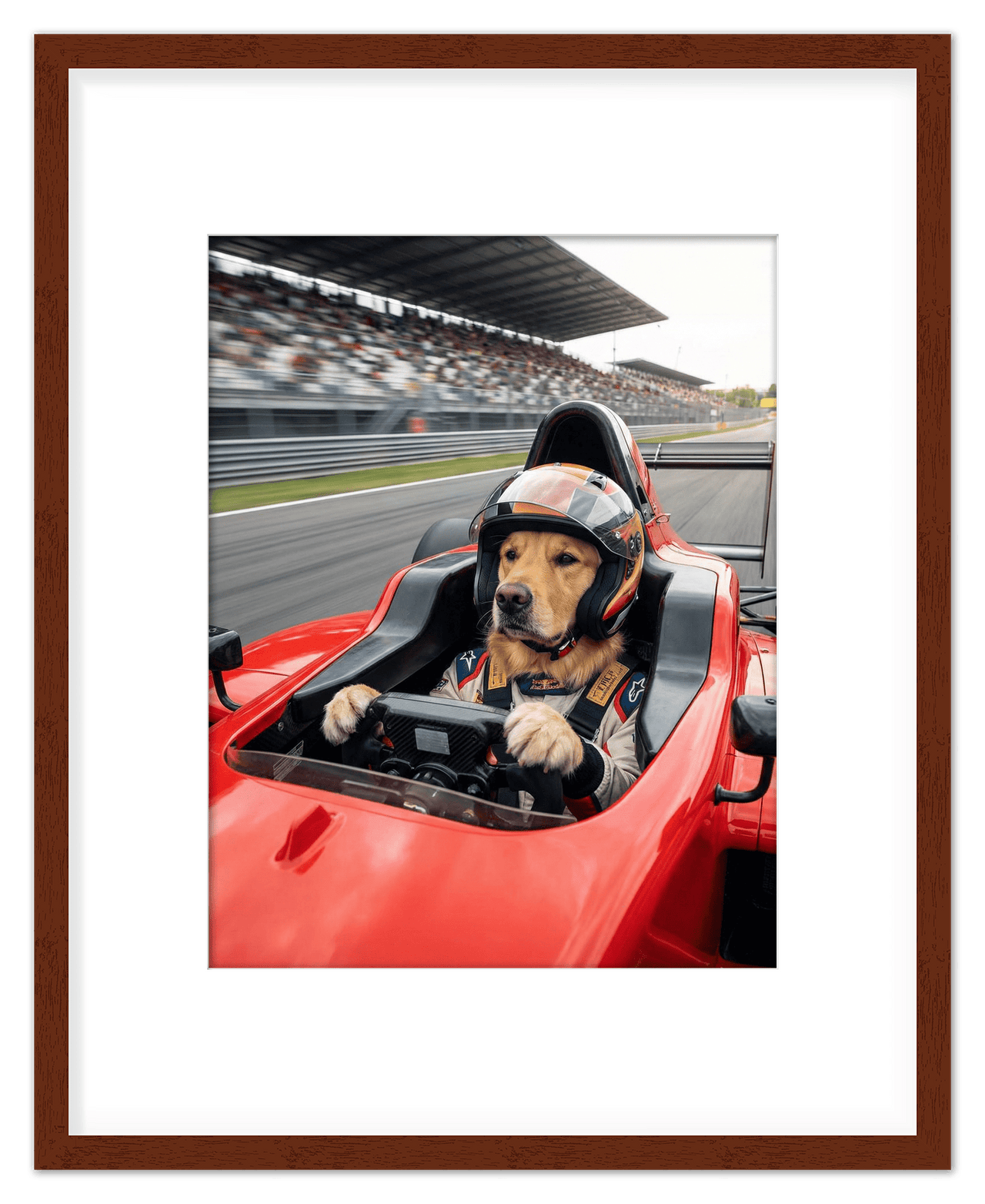 Custom Pet Race Car Driver Portrait – Personalized Racer Dog Wall Art, Unique Cat Lovers Gifts, Funny Animal Print, Racing Home Decor Poster for Living Room, Bedroom, Office, Quirky Humor Artwork - Front View