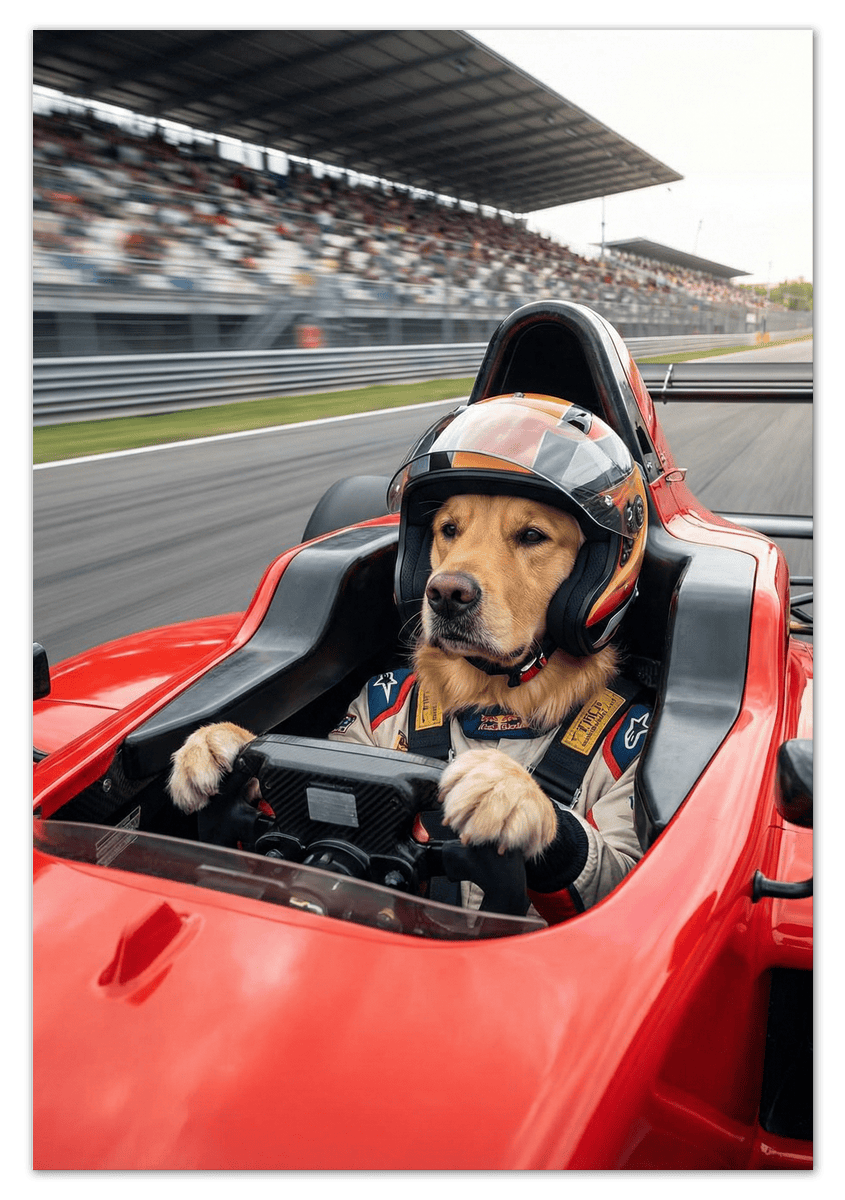 Custom Pet Race Car Driver Portrait – Personalized Racer Dog Wall Art, Unique Cat Lovers Gifts, Funny Animal Print, Racing Home Decor Poster for Living Room, Bedroom, Office, Quirky Humor Artwork - Front View
