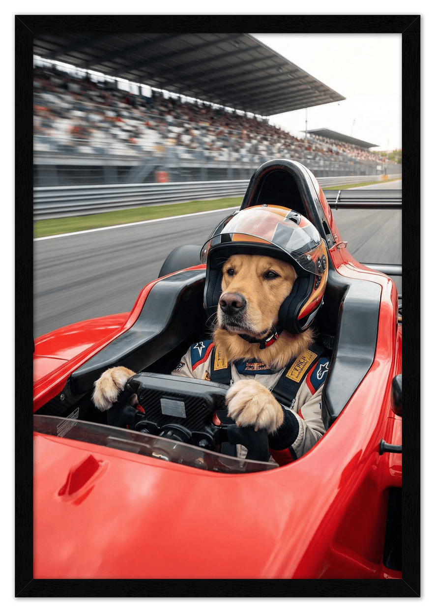 Custom Pet Race Car Driver Portrait – Personalized Racer Dog Wall Art, Unique Cat Lovers Gifts, Funny Animal Print, Racing Home Decor Poster for Living Room, Bedroom, Office, Quirky Humor Artwork - Front View