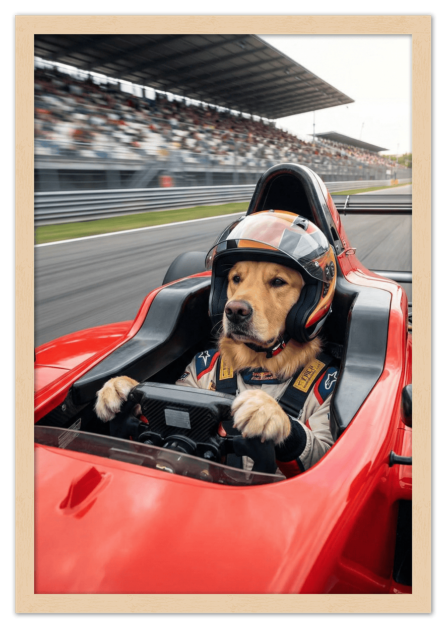 Custom Pet Race Car Driver Portrait – Personalized Racer Dog Wall Art, Unique Cat Lovers Gifts, Funny Animal Print, Racing Home Decor Poster for Living Room, Bedroom, Office, Quirky Humor Artwork - Front View