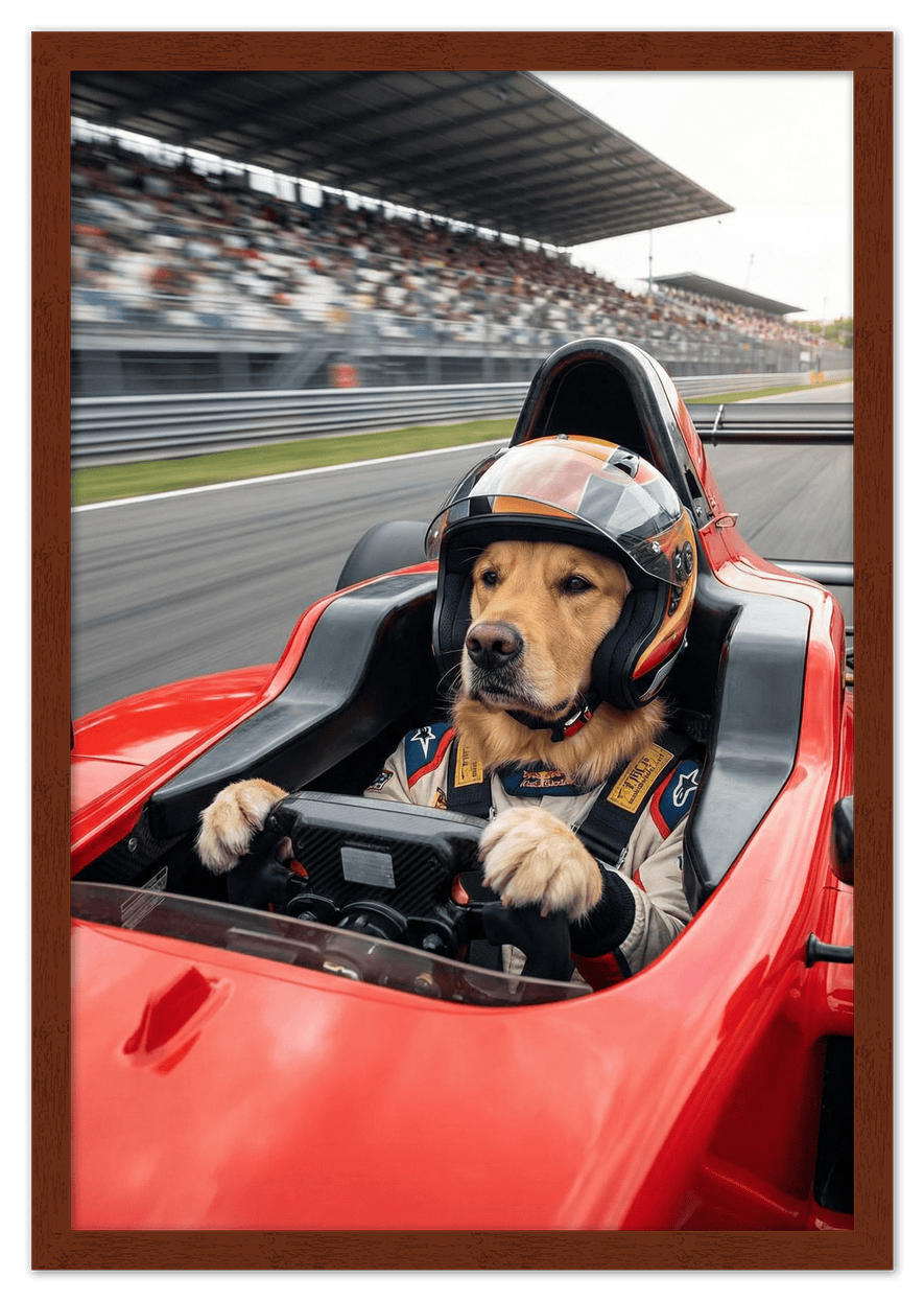 Custom Pet Race Car Driver Portrait – Personalized Racer Dog Wall Art, Unique Cat Lovers Gifts, Funny Animal Print, Racing Home Decor Poster for Living Room, Bedroom, Office, Quirky Humor Artwork - Front View