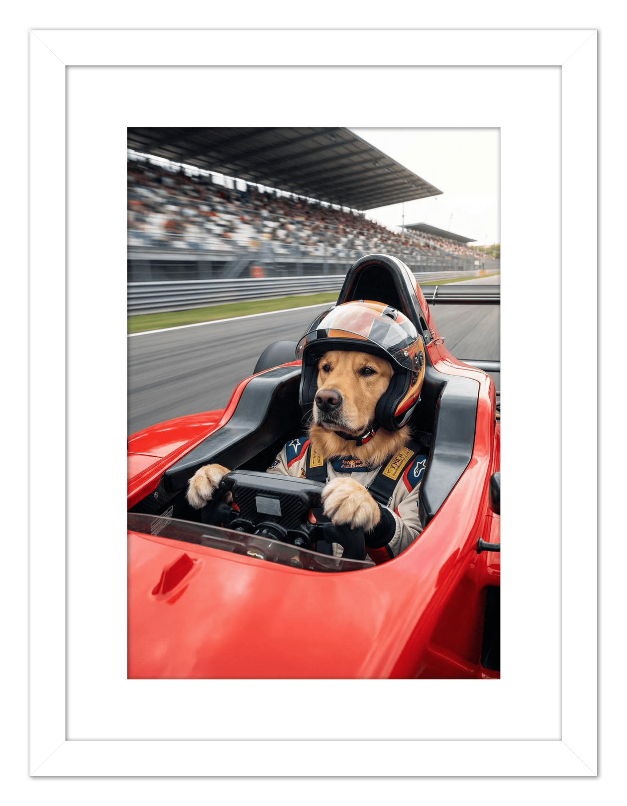 Custom Pet Race Car Driver Portrait – Personalized Racer Dog Wall Art, Unique Cat Lovers Gifts, Funny Animal Print, Racing Home Decor Poster for Living Room, Bedroom, Office, Quirky Humor Artwork - Front View