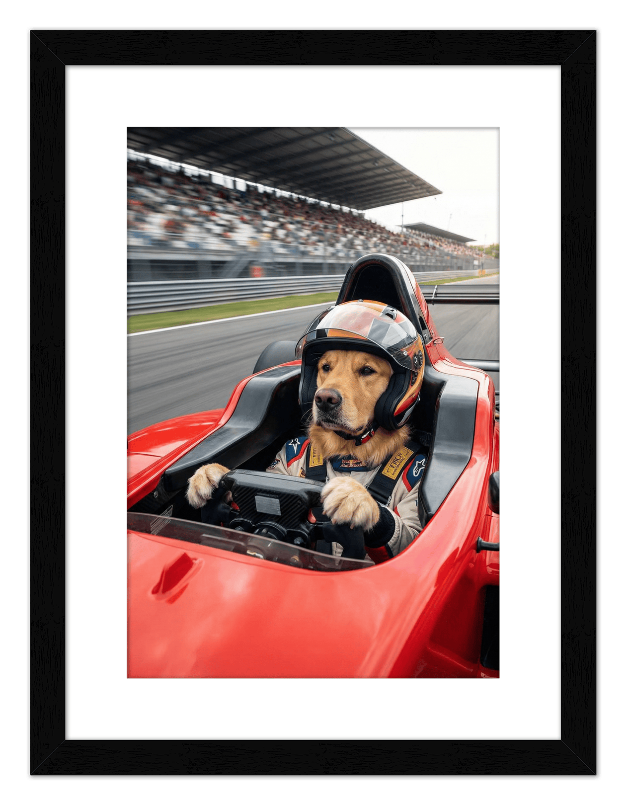 Custom Pet Race Car Driver Portrait – Personalized Racer Dog Wall Art, Unique Cat Lovers Gifts, Funny Animal Print, Racing Home Decor Poster for Living Room, Bedroom, Office, Quirky Humor Artwork - Front View