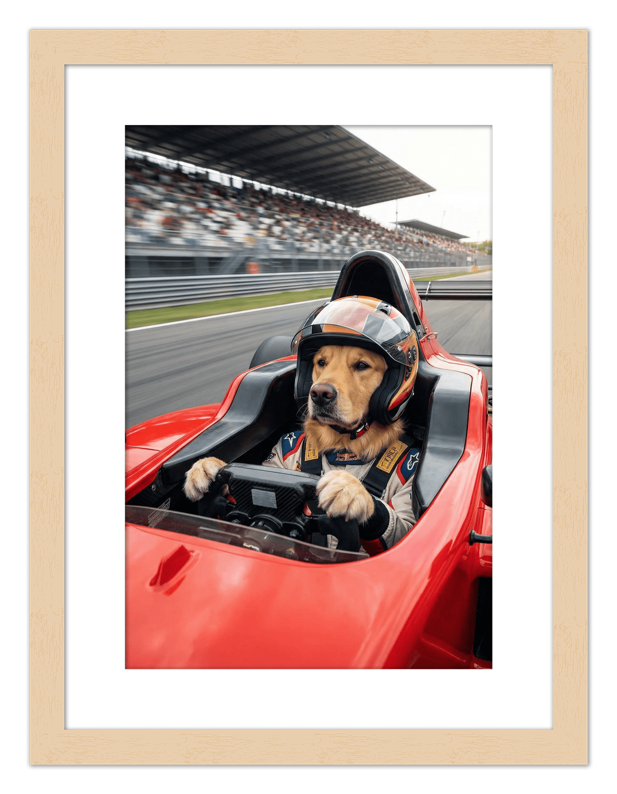 Custom Pet Race Car Driver Portrait – Personalized Racer Dog Wall Art, Unique Cat Lovers Gifts, Funny Animal Print, Racing Home Decor Poster for Living Room, Bedroom, Office, Quirky Humor Artwork - Front View