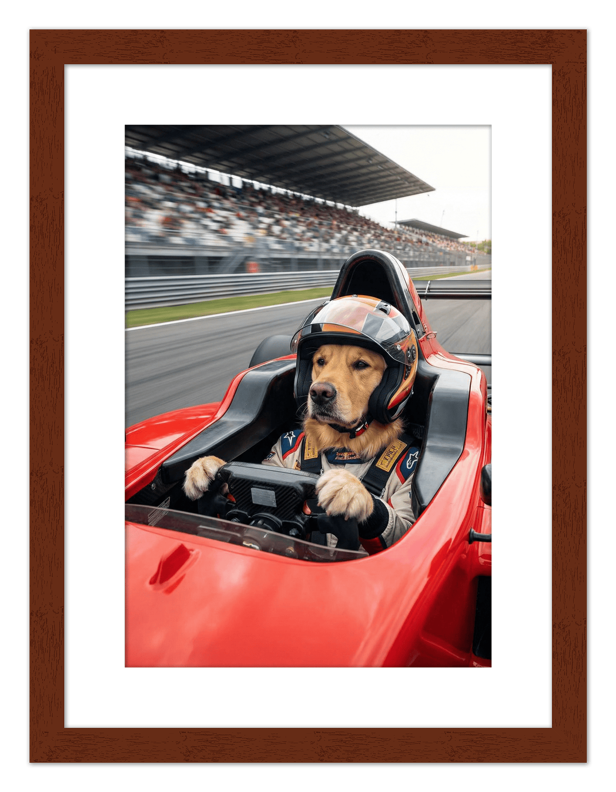 Custom Pet Race Car Driver Portrait – Personalized Racer Dog Wall Art, Unique Cat Lovers Gifts, Funny Animal Print, Racing Home Decor Poster for Living Room, Bedroom, Office, Quirky Humor Artwork - Front View
