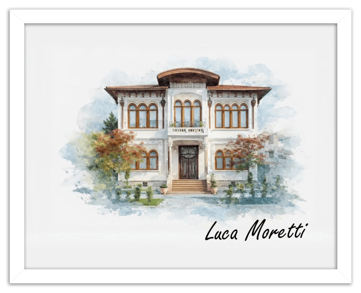 Custom Watercolor House Portrait with Name - Personalized Residence Wall Art for Living Room, Create Your Own Artwork from Photo, Perfect Housewarming Gifts for New Homeowner, Modern Home Decor Poster - Front View