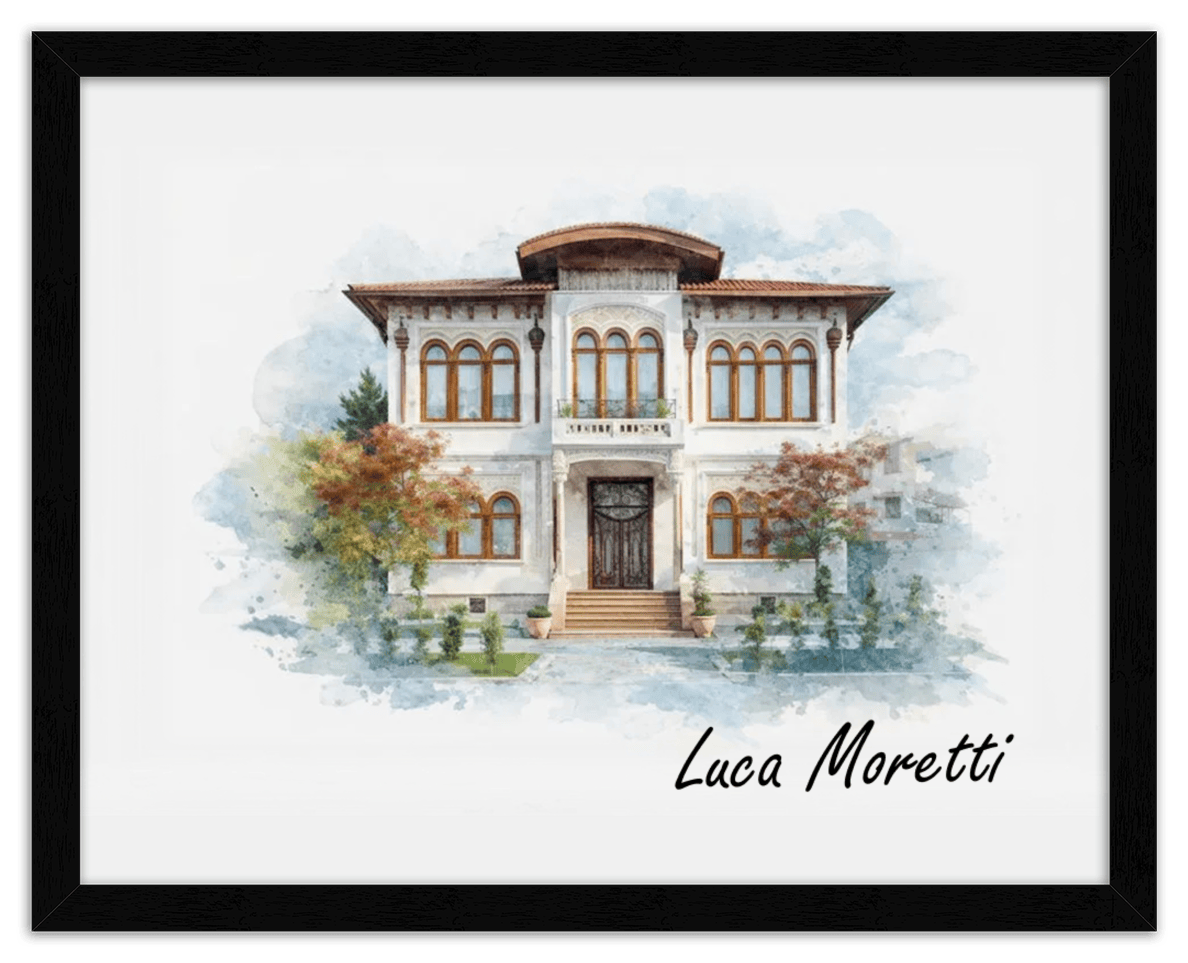 Custom Watercolor House Portrait with Name - Personalized Residence Wall Art for Living Room, Create Your Own Artwork from Photo, Perfect Housewarming Gifts for New Homeowner, Modern Home Decor Poster - Front View