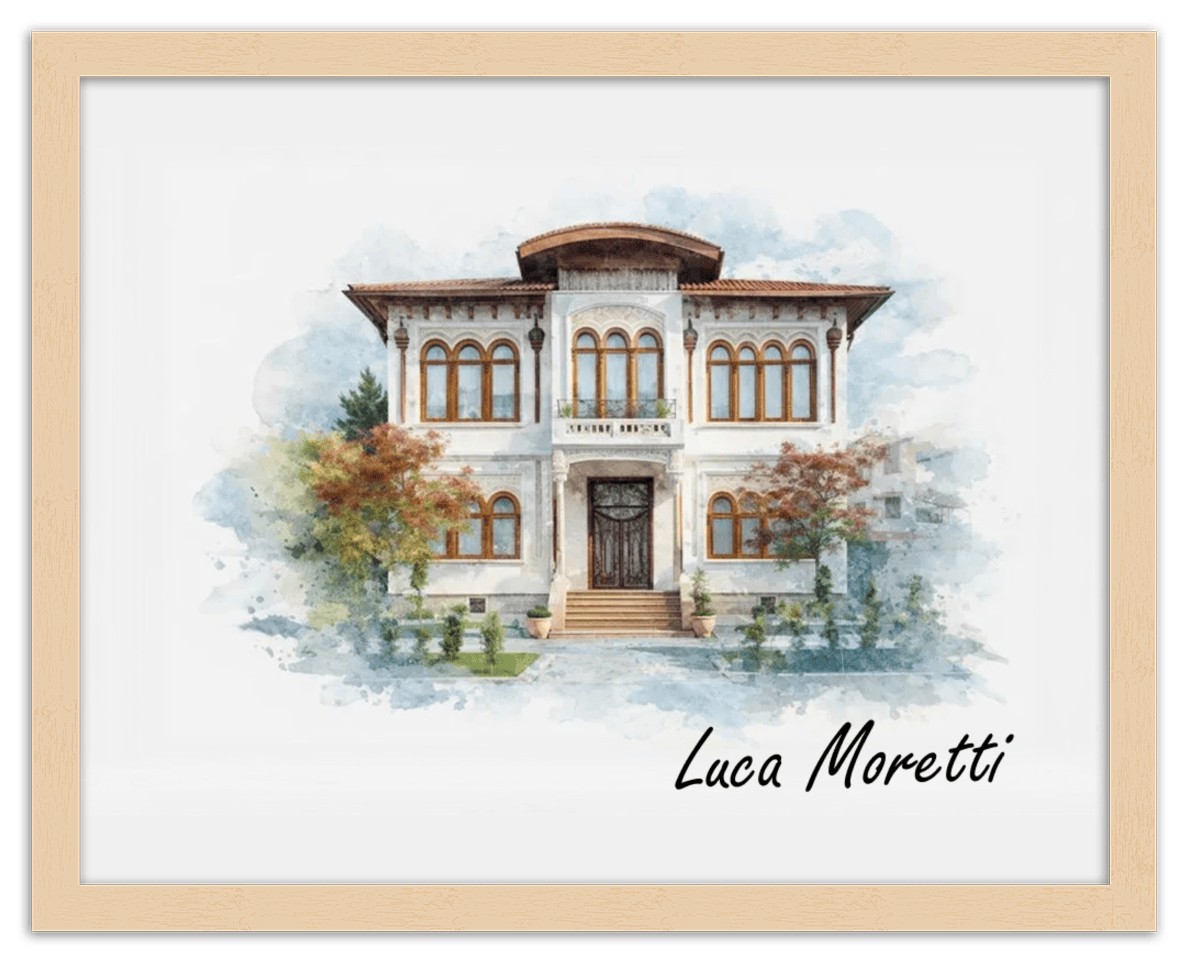 Custom Watercolor House Portrait with Name - Personalized Residence Wall Art for Living Room, Create Your Own Artwork from Photo, Perfect Housewarming Gifts for New Homeowner, Modern Home Decor Poster - Front View