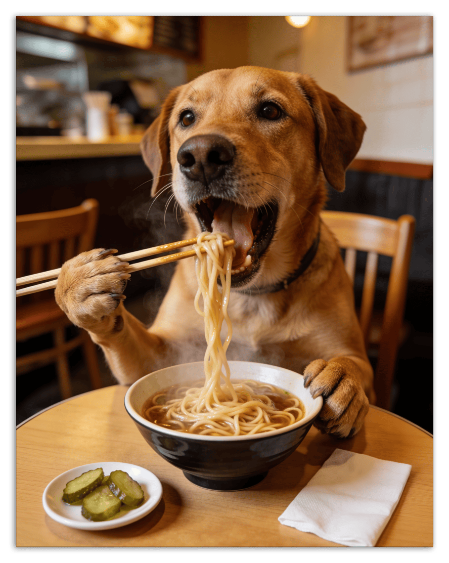 Custom Pet Eating Noodles Portrait - Create Your Own Pet Artwork from Photo, Personalized Animal Wall Art, Retro Foodie Dog Print, Funny Kitchen Poster, Modern Home Decor, Fun Gifts for Cat Lovers - Front View