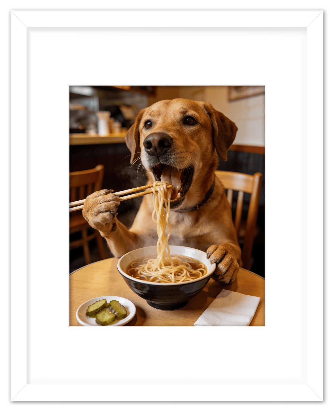 Custom Pet Eating Noodles Portrait - Create Your Own Pet Artwork from Photo, Personalized Animal Wall Art, Retro Foodie Dog Print, Funny Kitchen Poster, Modern Home Decor, Fun Gifts for Cat Lovers - Front View