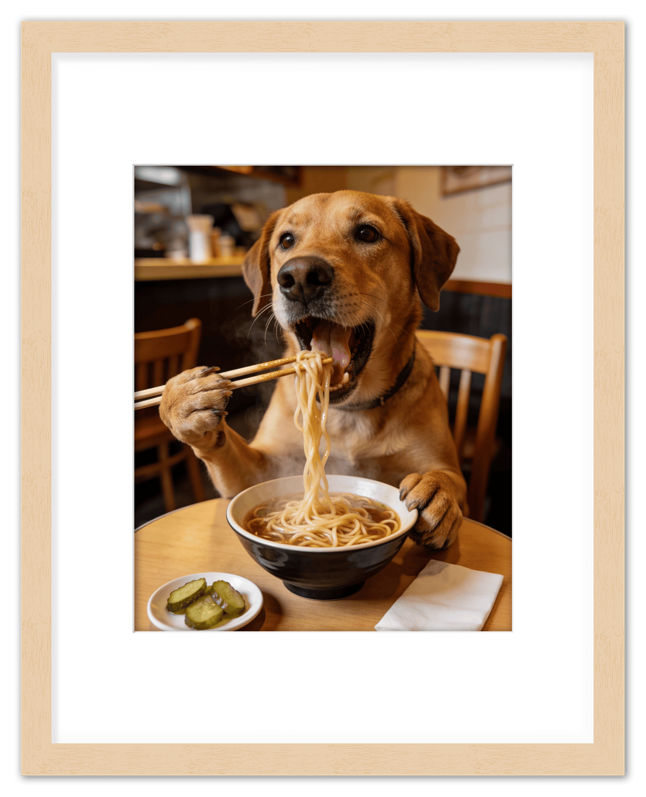 Custom Pet Eating Noodles Portrait - Create Your Own Pet Artwork from Photo, Personalized Animal Wall Art, Retro Foodie Dog Print, Funny Kitchen Poster, Modern Home Decor, Fun Gifts for Cat Lovers - Front View