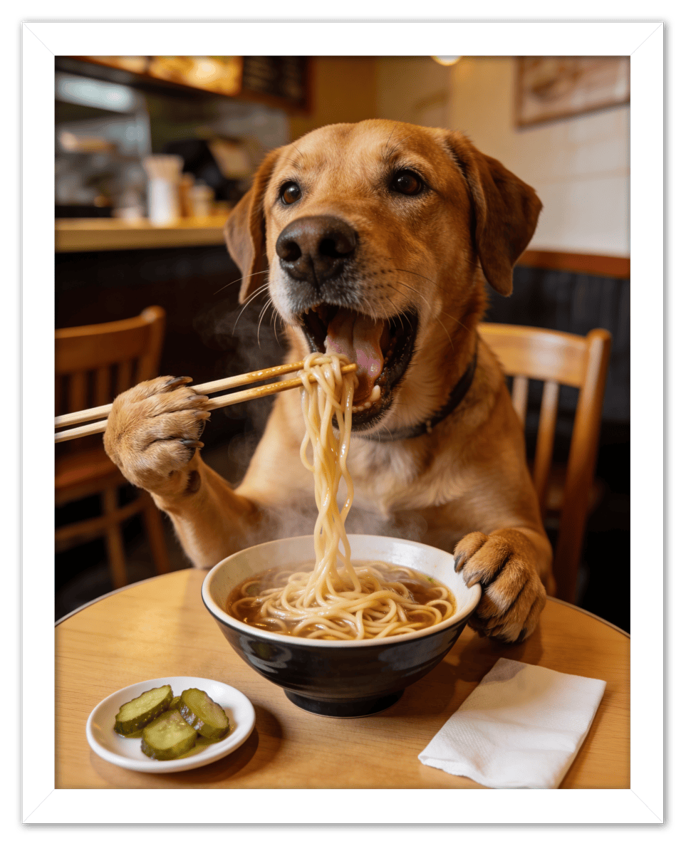 Custom Pet Eating Noodles Portrait - Create Your Own Pet Artwork from Photo, Personalized Animal Wall Art, Retro Foodie Dog Print, Funny Kitchen Poster, Modern Home Decor, Fun Gifts for Cat Lovers - Front View