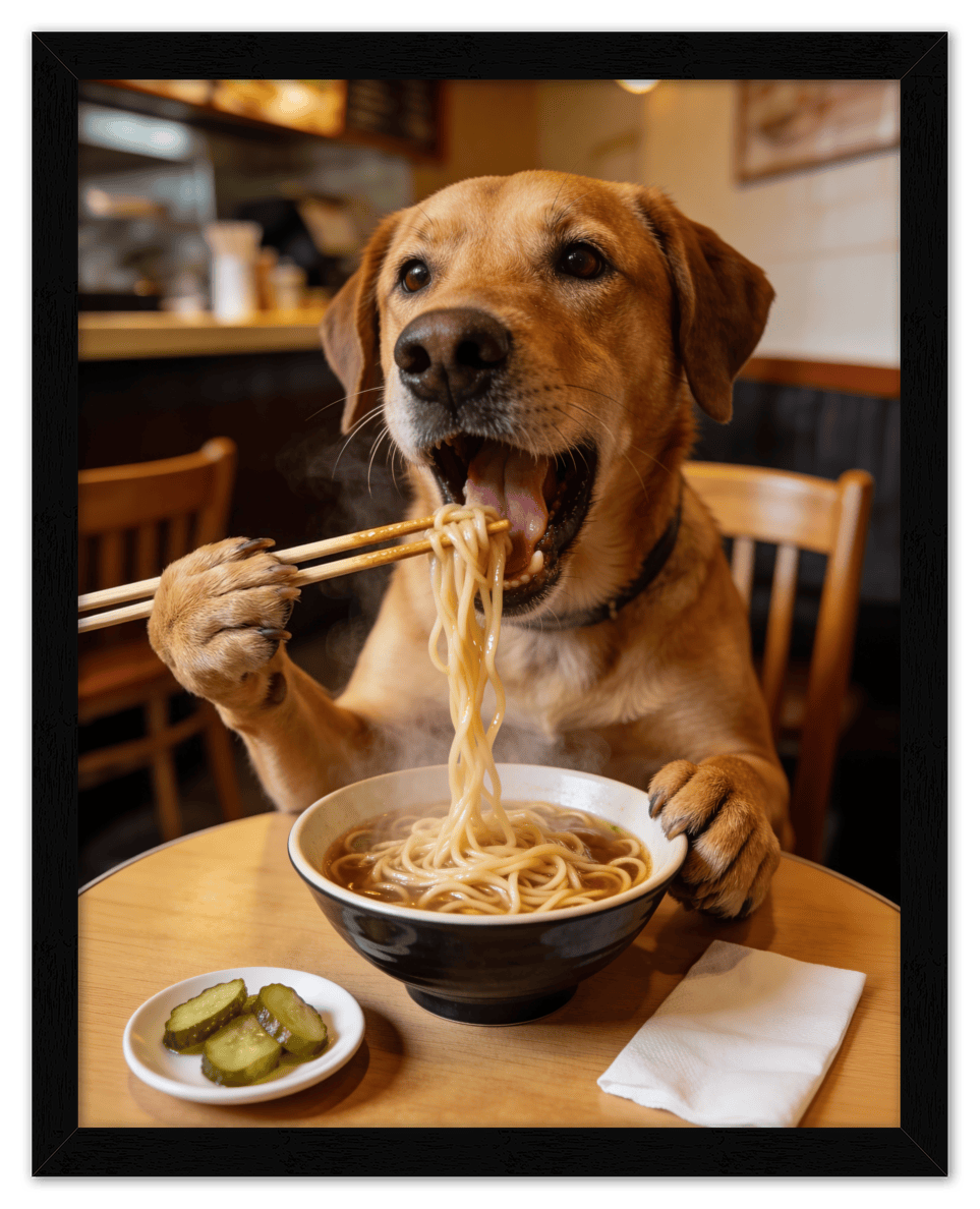 Custom Pet Eating Noodles Portrait - Create Your Own Pet Artwork from Photo, Personalized Animal Wall Art, Retro Foodie Dog Print, Funny Kitchen Poster, Modern Home Decor, Fun Gifts for Cat Lovers - Front View