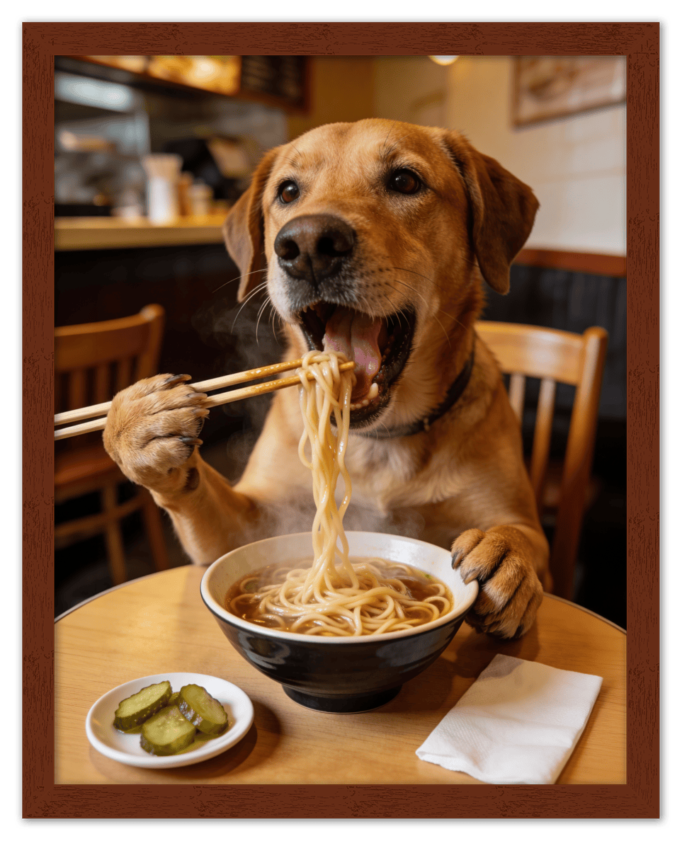 Custom Pet Eating Noodles Portrait - Create Your Own Pet Artwork from Photo, Personalized Animal Wall Art, Retro Foodie Dog Print, Funny Kitchen Poster, Modern Home Decor, Fun Gifts for Cat Lovers - Front View