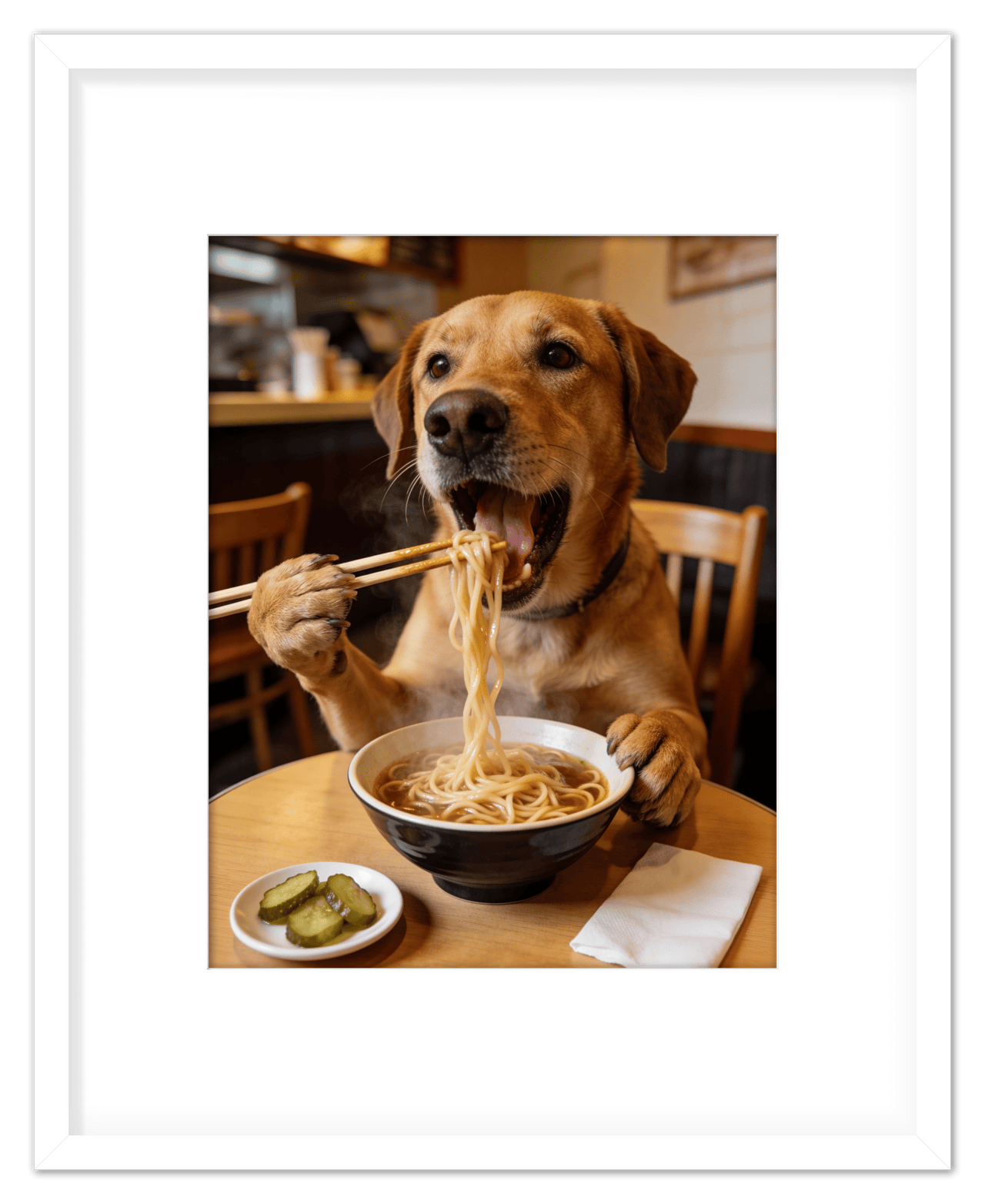 Custom Pet Eating Noodles Portrait - Create Your Own Pet Artwork from Photo, Personalized Animal Wall Art, Retro Foodie Dog Print, Funny Kitchen Poster, Modern Home Decor, Fun Gifts for Cat Lovers - Front View