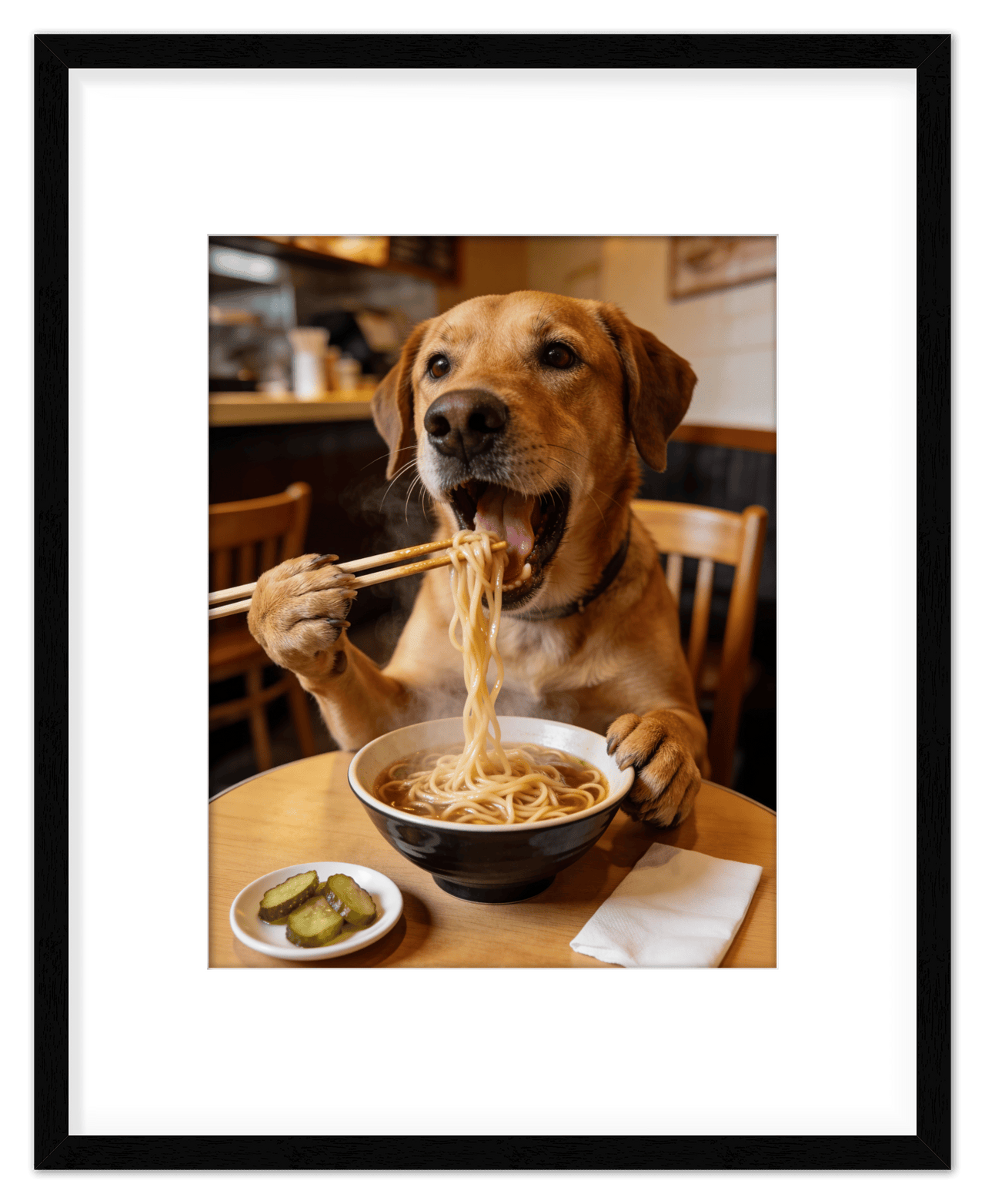 Custom Pet Eating Noodles Portrait - Create Your Own Pet Artwork from Photo, Personalized Animal Wall Art, Retro Foodie Dog Print, Funny Kitchen Poster, Modern Home Decor, Fun Gifts for Cat Lovers - Front View