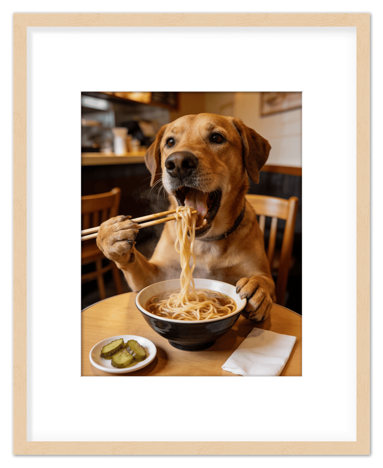 Custom Pet Eating Noodles Portrait - Create Your Own Pet Artwork from Photo, Personalized Animal Wall Art, Retro Foodie Dog Print, Funny Kitchen Poster, Modern Home Decor, Fun Gifts for Cat Lovers - Front View