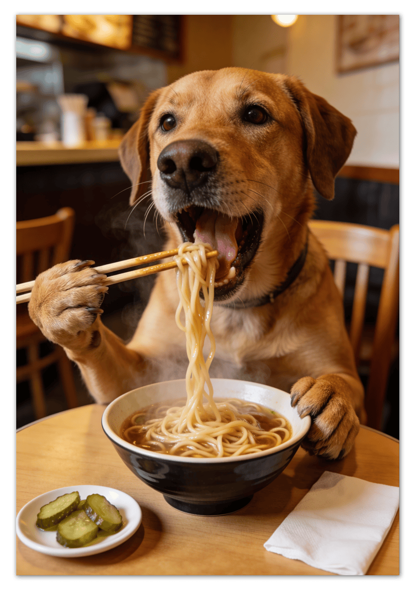 Custom Pet Eating Noodles Portrait - Create Your Own Pet Artwork from Photo, Personalized Animal Wall Art, Retro Foodie Dog Print, Funny Kitchen Poster, Modern Home Decor, Fun Gifts for Cat Lovers - Front View