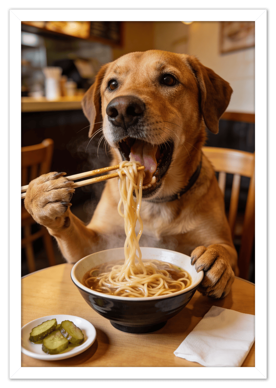 Custom Pet Eating Noodles Portrait - Create Your Own Pet Artwork from Photo, Personalized Animal Wall Art, Retro Foodie Dog Print, Funny Kitchen Poster, Modern Home Decor, Fun Gifts for Cat Lovers - Front View