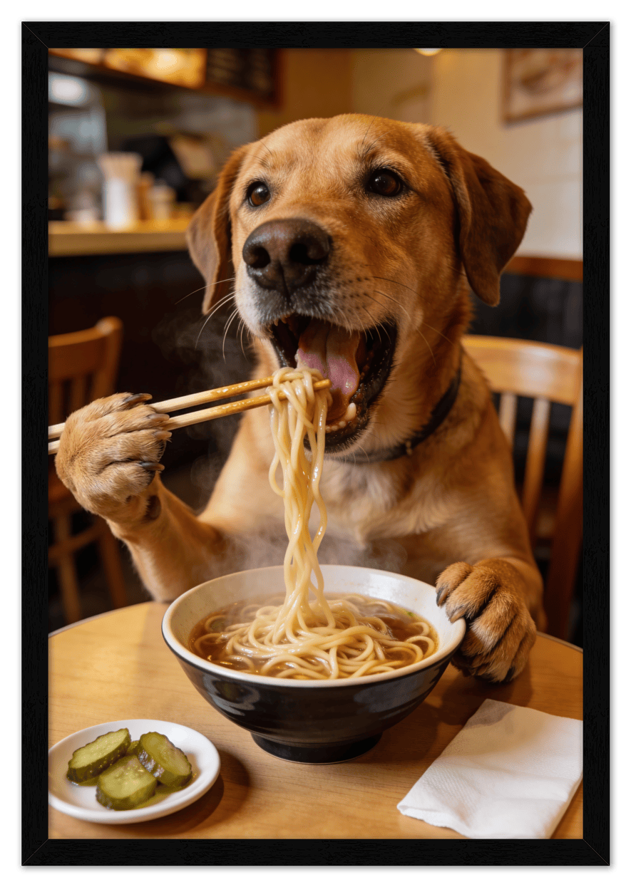 Custom Pet Eating Noodles Portrait - Create Your Own Pet Artwork from Photo, Personalized Animal Wall Art, Retro Foodie Dog Print, Funny Kitchen Poster, Modern Home Decor, Fun Gifts for Cat Lovers - Front View