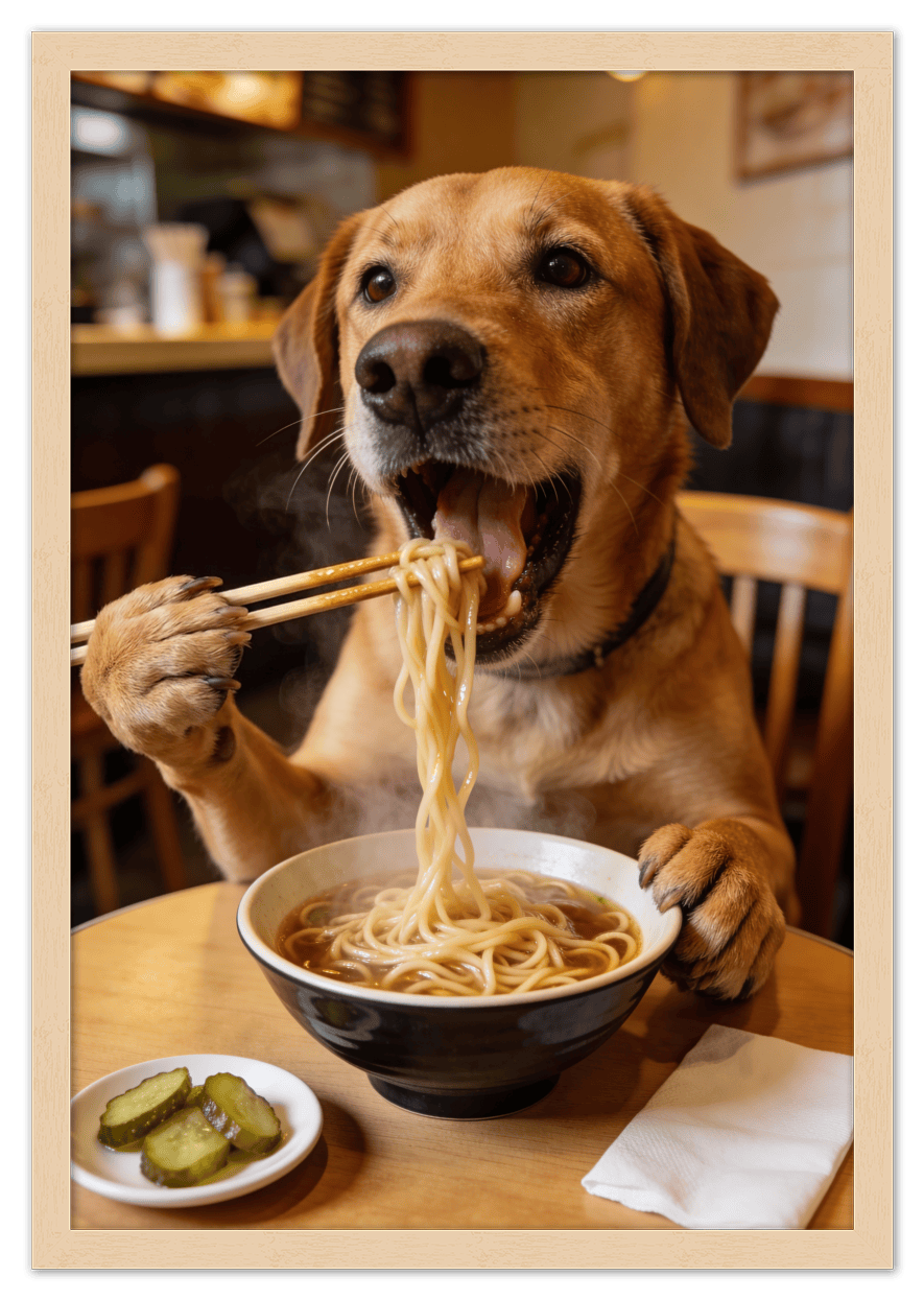 Custom Pet Eating Noodles Portrait - Create Your Own Pet Artwork from Photo, Personalized Animal Wall Art, Retro Foodie Dog Print, Funny Kitchen Poster, Modern Home Decor, Fun Gifts for Cat Lovers - Front View