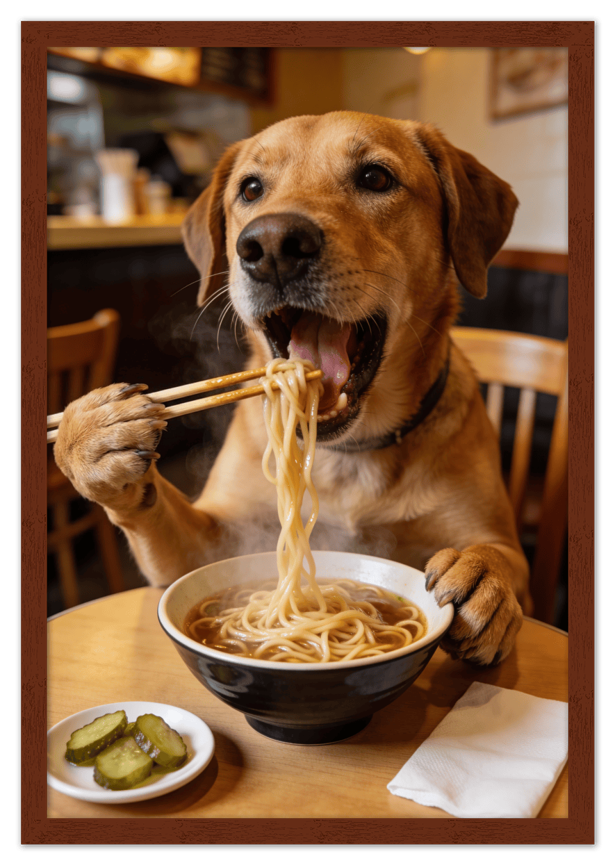 Custom Pet Eating Noodles Portrait - Create Your Own Pet Artwork from Photo, Personalized Animal Wall Art, Retro Foodie Dog Print, Funny Kitchen Poster, Modern Home Decor, Fun Gifts for Cat Lovers - Front View