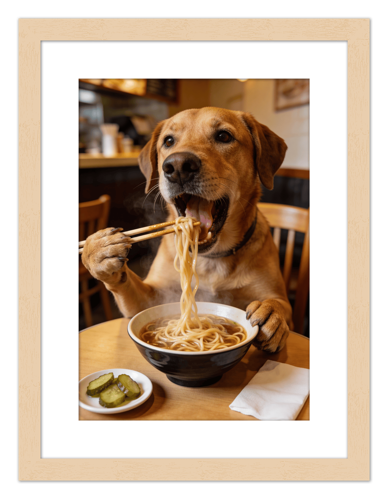 Custom Pet Eating Noodles Portrait - Create Your Own Pet Artwork from Photo, Personalized Animal Wall Art, Retro Foodie Dog Print, Funny Kitchen Poster, Modern Home Decor, Fun Gifts for Cat Lovers - Front View