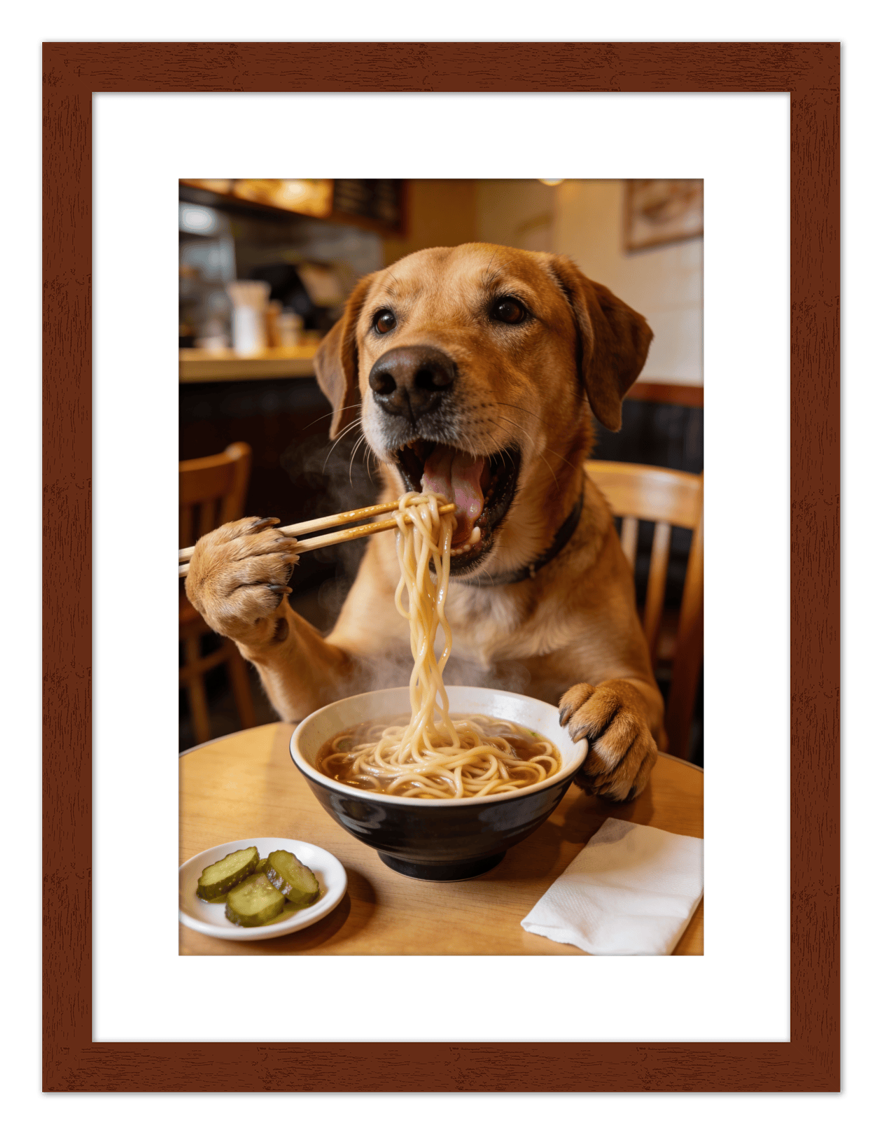 Custom Pet Eating Noodles Portrait - Create Your Own Pet Artwork from Photo, Personalized Animal Wall Art, Retro Foodie Dog Print, Funny Kitchen Poster, Modern Home Decor, Fun Gifts for Cat Lovers - Front View