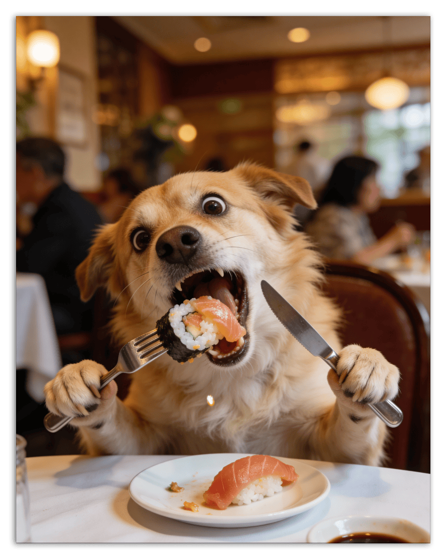 Custom Pet Portrait Eating Sushi from Photo - Vintage Quirky Home Decor, Cute Funny Animal Poster, Personalized Dog or Cat Wall Art, Adorable Keepsake Gifts for Pet Lovers, Unique Humorous Artwork - Front View