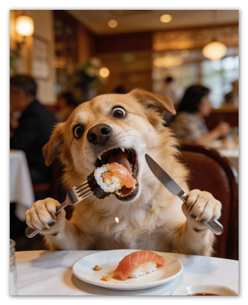 Custom Pet Portrait Eating Sushi from Photo - Vintage Quirky Home Decor, Cute Funny Animal Poster, Personalized Dog or Cat Wall Art, Adorable Keepsake Gifts for Pet Lovers, Unique Humorous Artwork - Front View