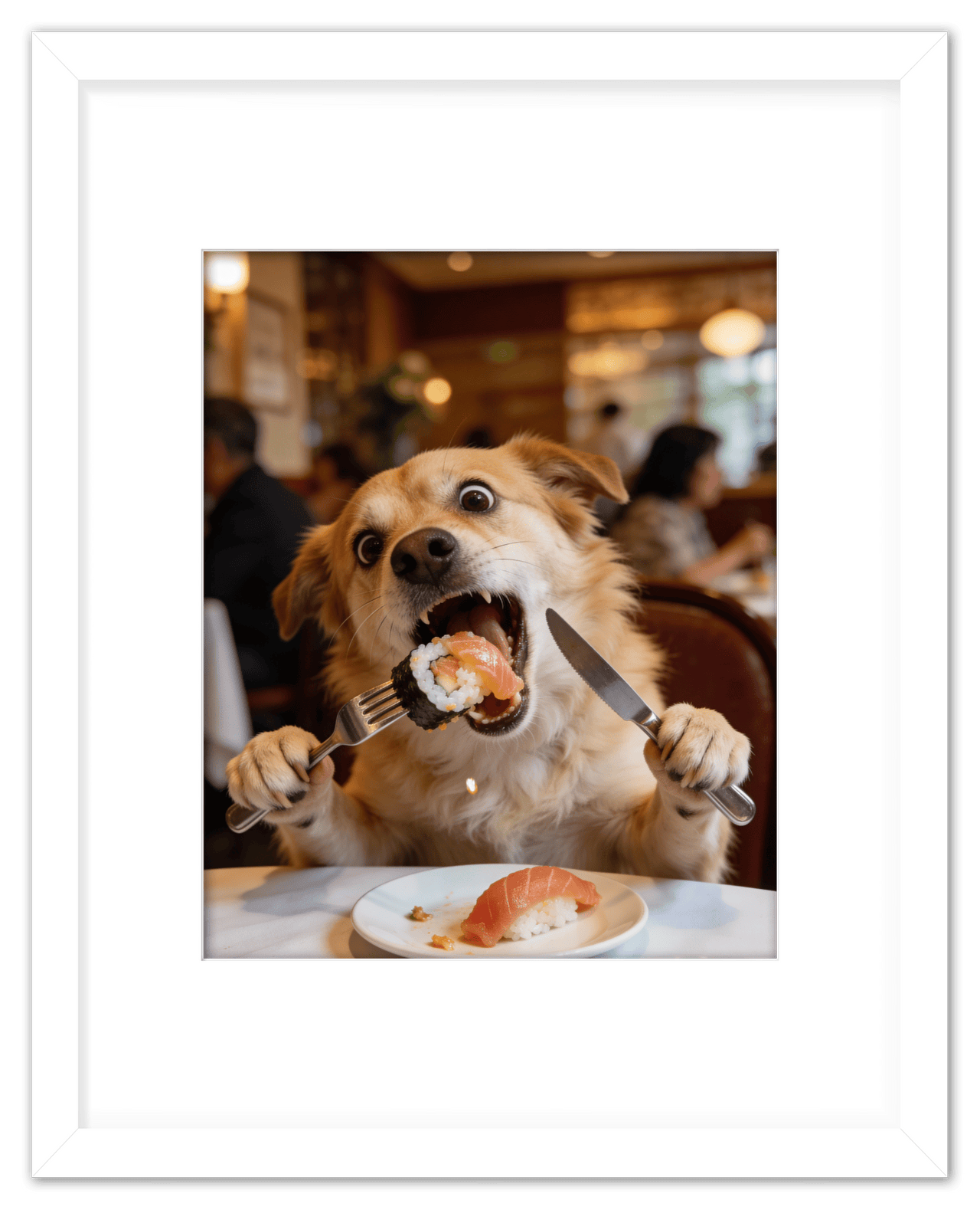 Custom Pet Portrait Eating Sushi from Photo - Vintage Quirky Home Decor, Cute Funny Animal Poster, Personalized Dog or Cat Wall Art, Adorable Keepsake Gifts for Pet Lovers, Unique Humorous Artwork - Front View