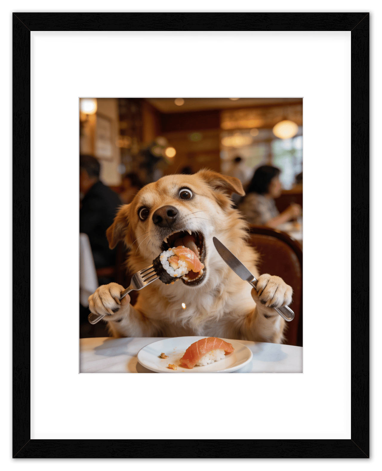 Custom Pet Portrait Eating Sushi from Photo - Vintage Quirky Home Decor, Cute Funny Animal Poster, Personalized Dog or Cat Wall Art, Adorable Keepsake Gifts for Pet Lovers, Unique Humorous Artwork - Front View