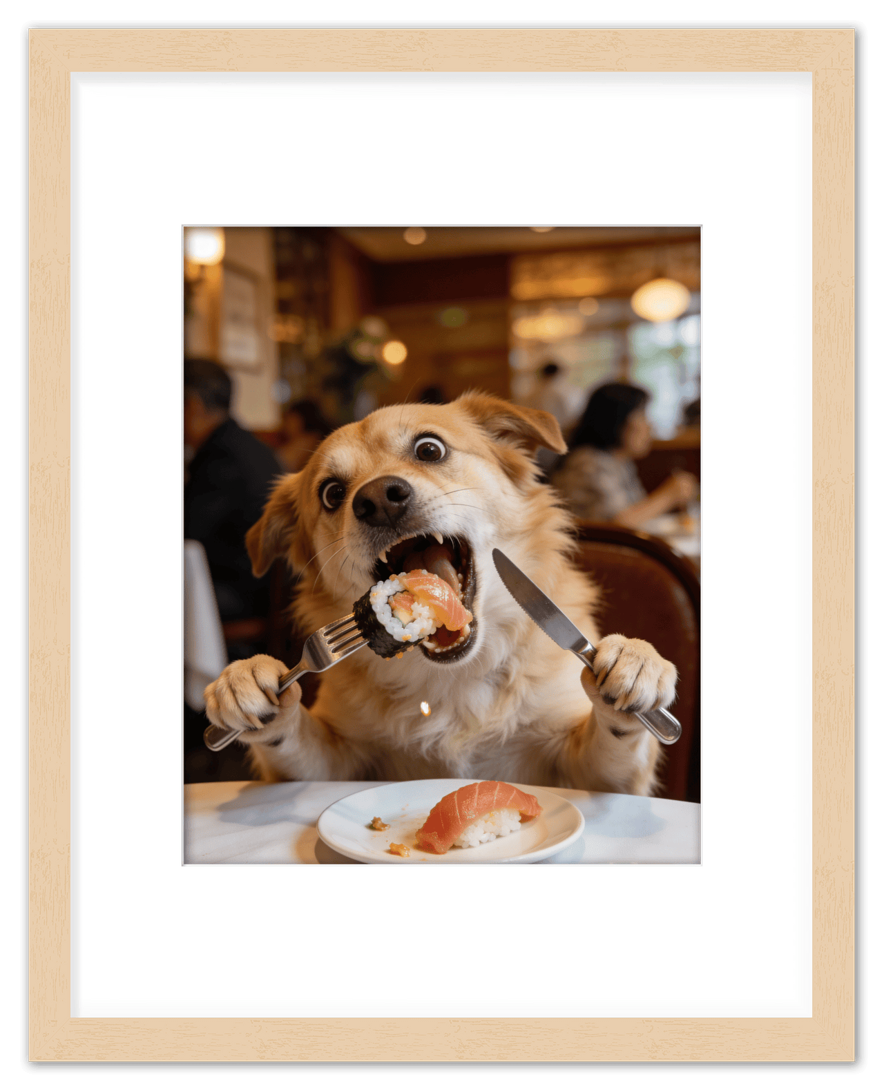 Custom Pet Portrait Eating Sushi from Photo - Vintage Quirky Home Decor, Cute Funny Animal Poster, Personalized Dog or Cat Wall Art, Adorable Keepsake Gifts for Pet Lovers, Unique Humorous Artwork - Front View