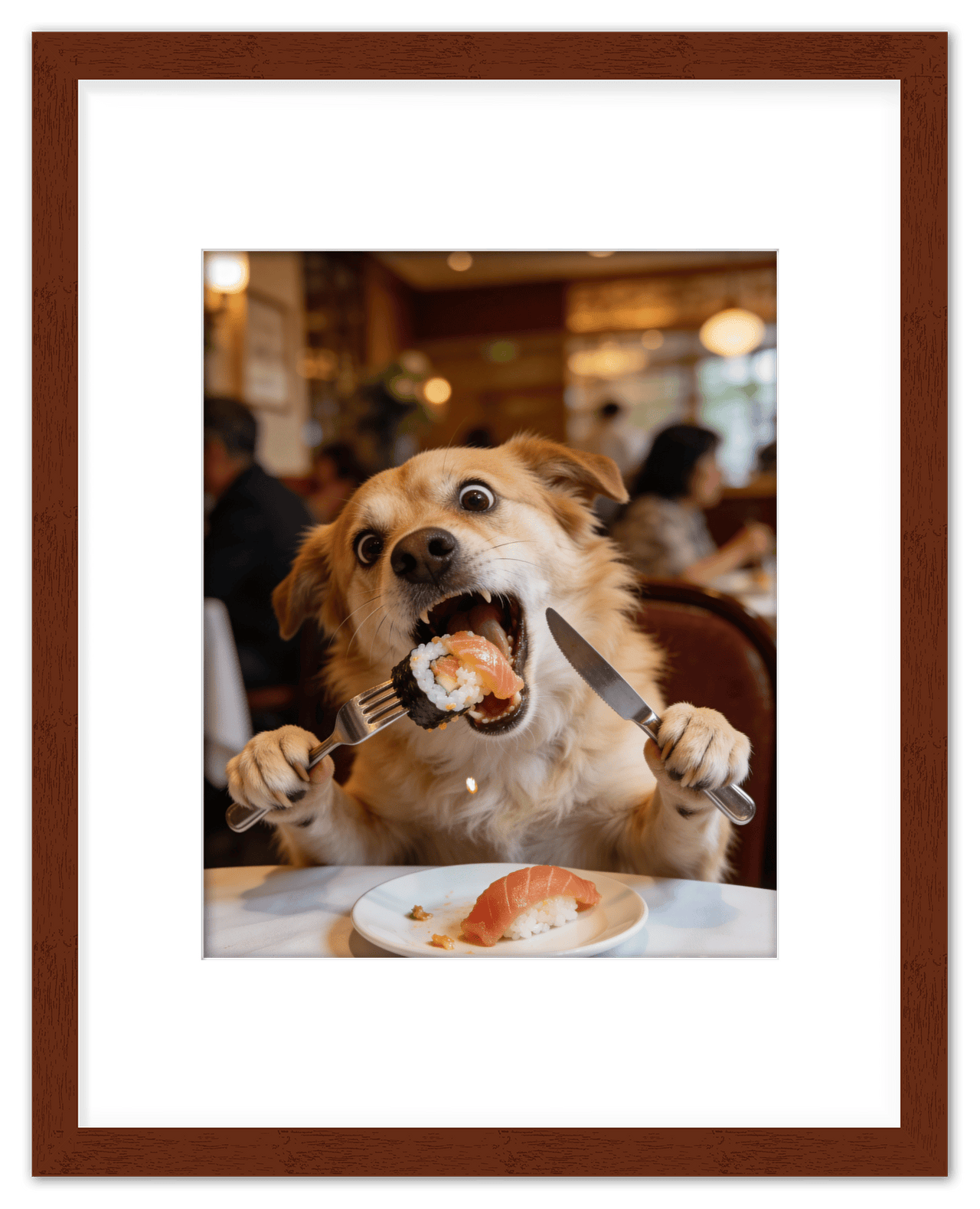 Custom Pet Portrait Eating Sushi from Photo - Vintage Quirky Home Decor, Cute Funny Animal Poster, Personalized Dog or Cat Wall Art, Adorable Keepsake Gifts for Pet Lovers, Unique Humorous Artwork - Front View