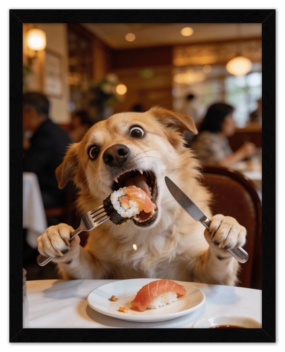 Custom Pet Portrait Eating Sushi from Photo - Vintage Quirky Home Decor, Cute Funny Animal Poster, Personalized Dog or Cat Wall Art, Adorable Keepsake Gifts for Pet Lovers, Unique Humorous Artwork - Front View