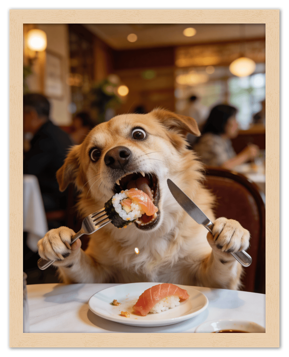 Custom Pet Portrait Eating Sushi from Photo - Vintage Quirky Home Decor, Cute Funny Animal Poster, Personalized Dog or Cat Wall Art, Adorable Keepsake Gifts for Pet Lovers, Unique Humorous Artwork - Front View