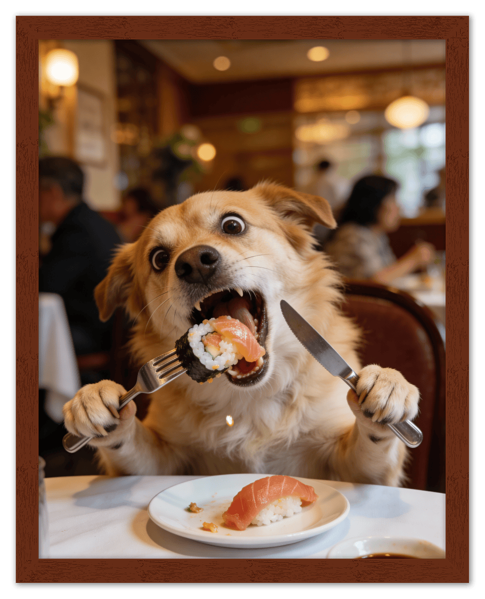 Custom Pet Portrait Eating Sushi from Photo - Vintage Quirky Home Decor, Cute Funny Animal Poster, Personalized Dog or Cat Wall Art, Adorable Keepsake Gifts for Pet Lovers, Unique Humorous Artwork - Front View