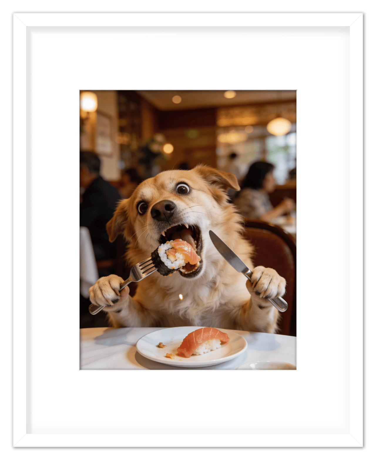 Custom Pet Portrait Eating Sushi from Photo - Vintage Quirky Home Decor, Cute Funny Animal Poster, Personalized Dog or Cat Wall Art, Adorable Keepsake Gifts for Pet Lovers, Unique Humorous Artwork - Front View