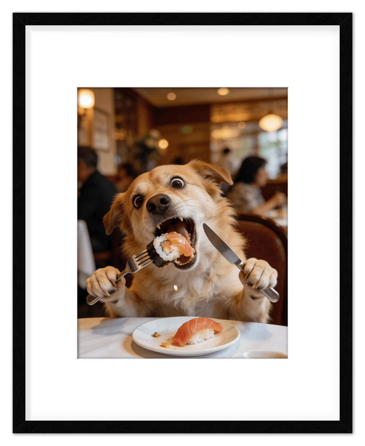 Custom Pet Portrait Eating Sushi from Photo - Vintage Quirky Home Decor, Cute Funny Animal Poster, Personalized Dog or Cat Wall Art, Adorable Keepsake Gifts for Pet Lovers, Unique Humorous Artwork - Front View