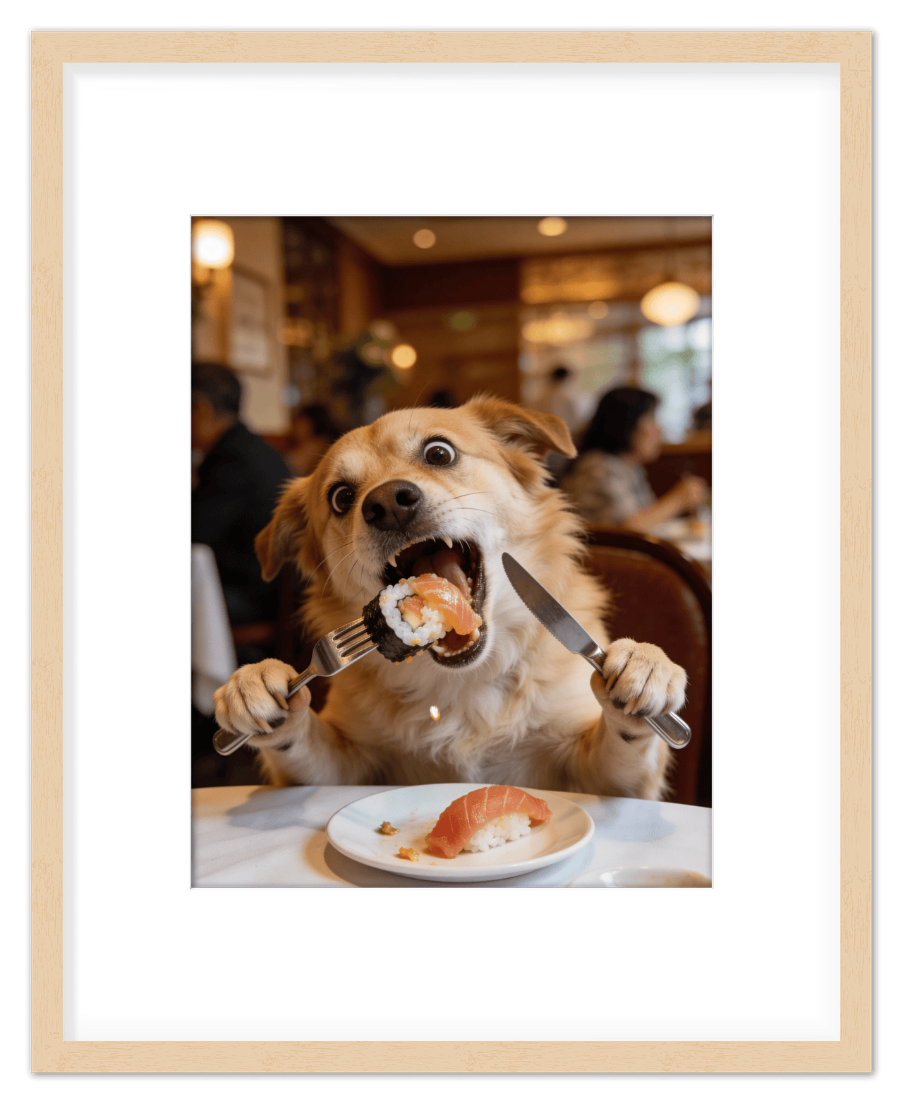 Custom Pet Portrait Eating Sushi from Photo - Vintage Quirky Home Decor, Cute Funny Animal Poster, Personalized Dog or Cat Wall Art, Adorable Keepsake Gifts for Pet Lovers, Unique Humorous Artwork - Front View