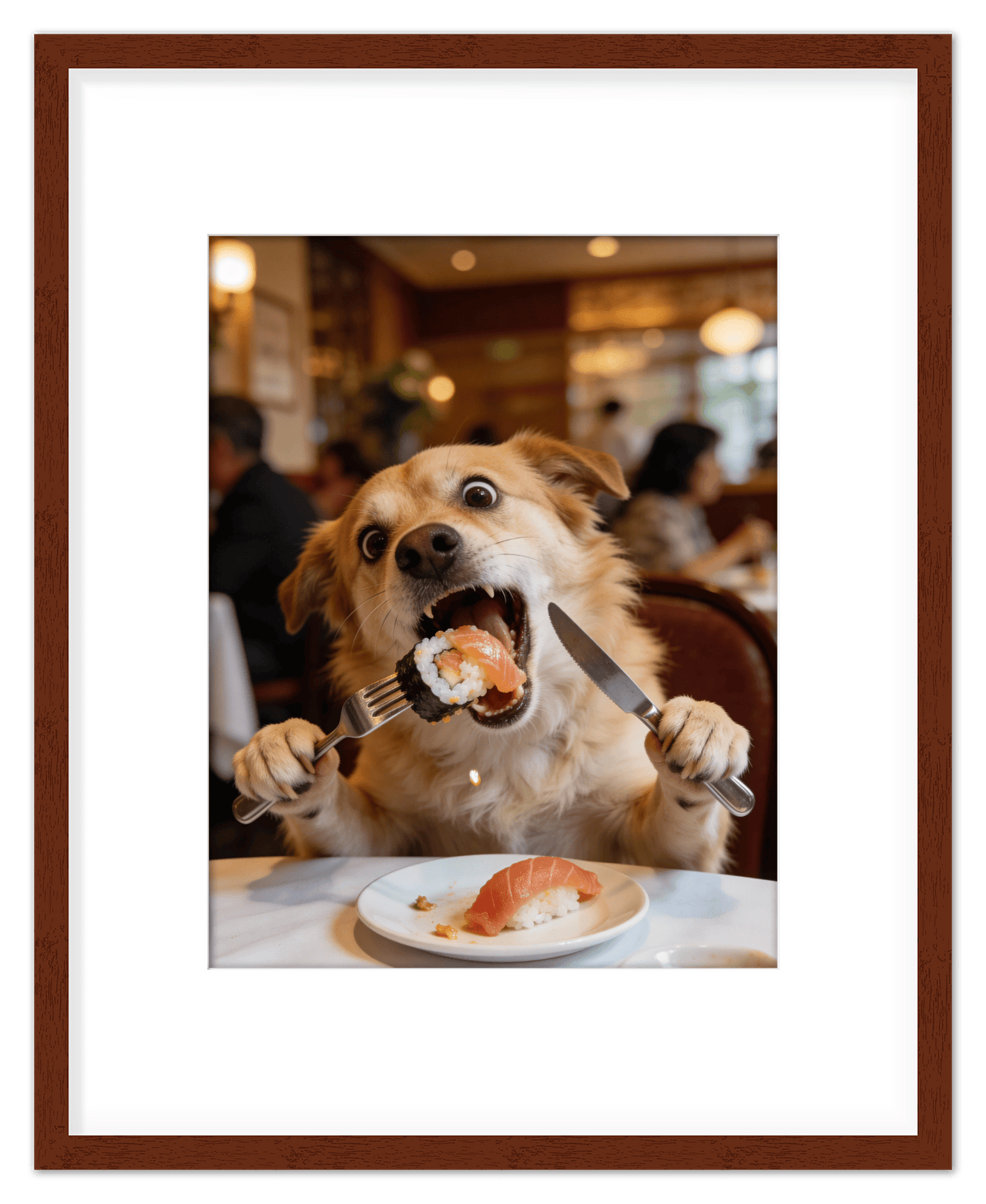 Custom Pet Portrait Eating Sushi from Photo - Vintage Quirky Home Decor, Cute Funny Animal Poster, Personalized Dog or Cat Wall Art, Adorable Keepsake Gifts for Pet Lovers, Unique Humorous Artwork - Front View