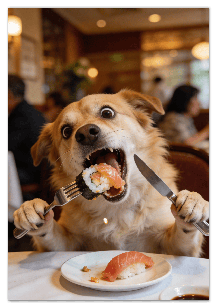 Custom Pet Portrait Eating Sushi from Photo - Vintage Quirky Home Decor, Cute Funny Animal Poster, Personalized Dog or Cat Wall Art, Adorable Keepsake Gifts for Pet Lovers, Unique Humorous Artwork - Front View