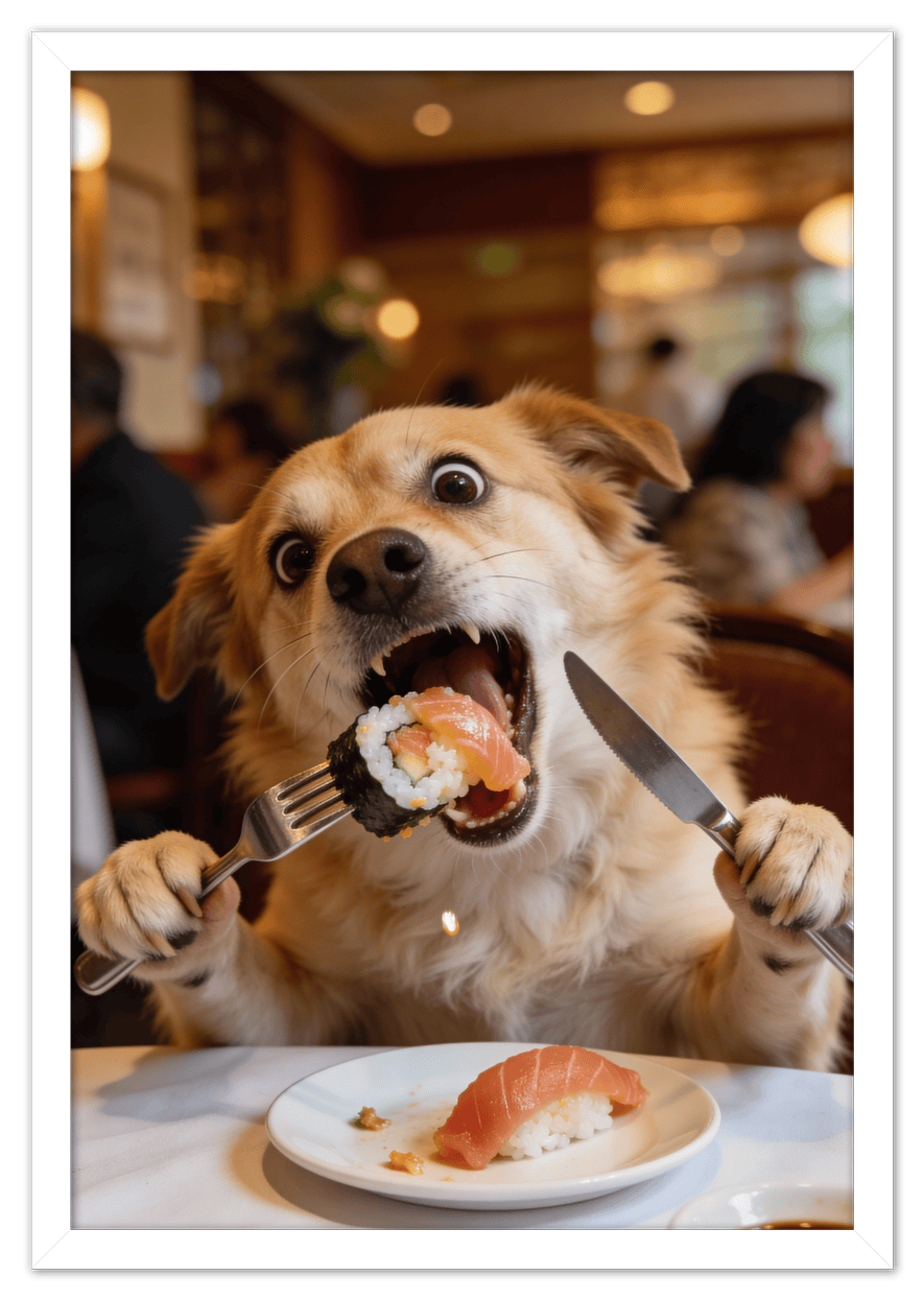 Custom Pet Portrait Eating Sushi from Photo - Vintage Quirky Home Decor, Cute Funny Animal Poster, Personalized Dog or Cat Wall Art, Adorable Keepsake Gifts for Pet Lovers, Unique Humorous Artwork - Front View